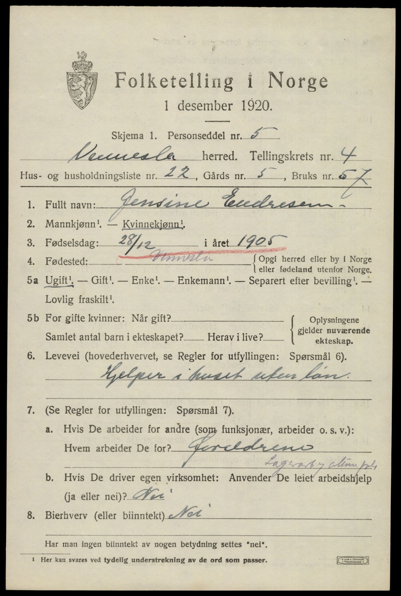 SAK, 1920 census for Vennesla, 1920, p. 3122