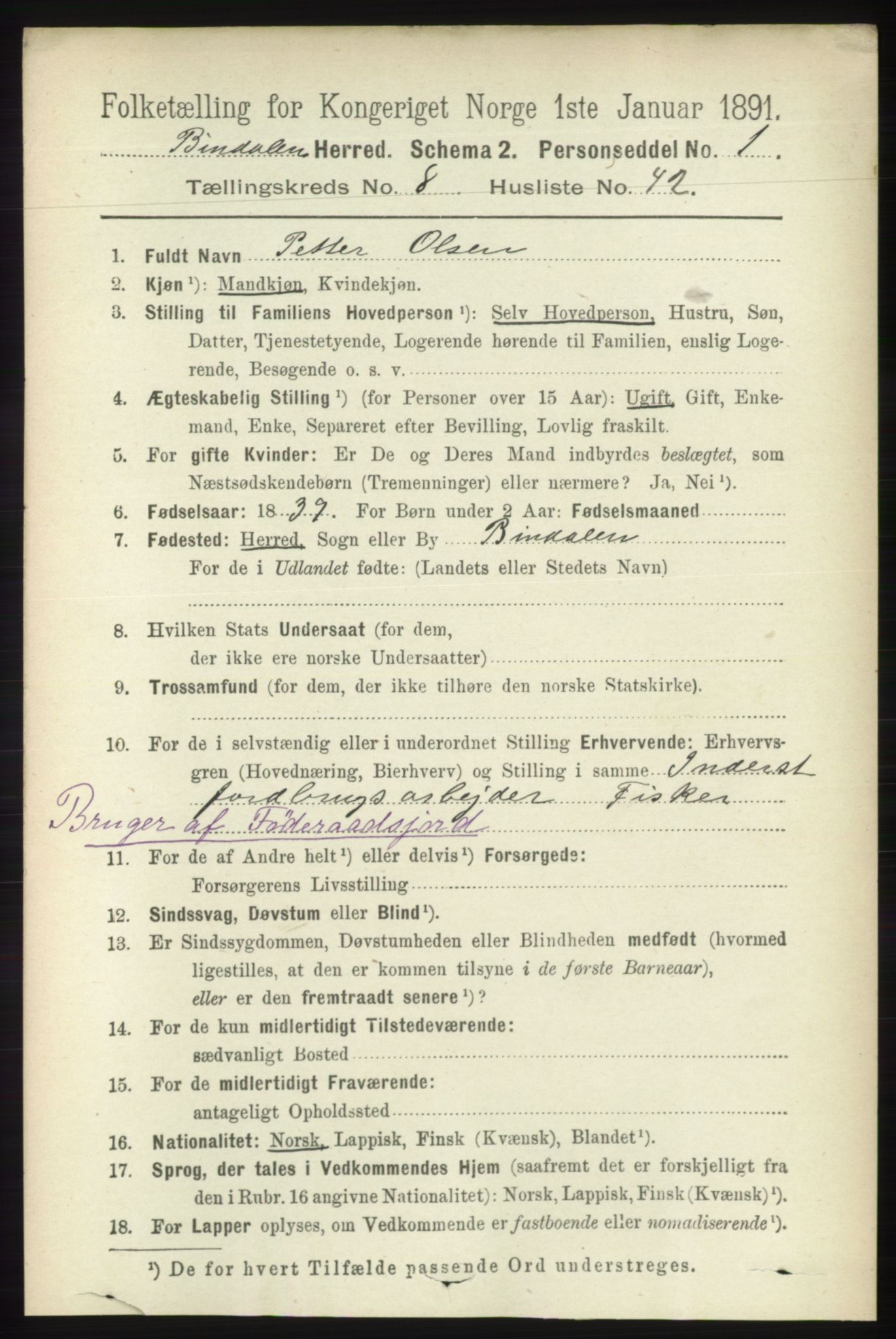 RA, 1891 census for 1811 Bindal, 1891, p. 2888