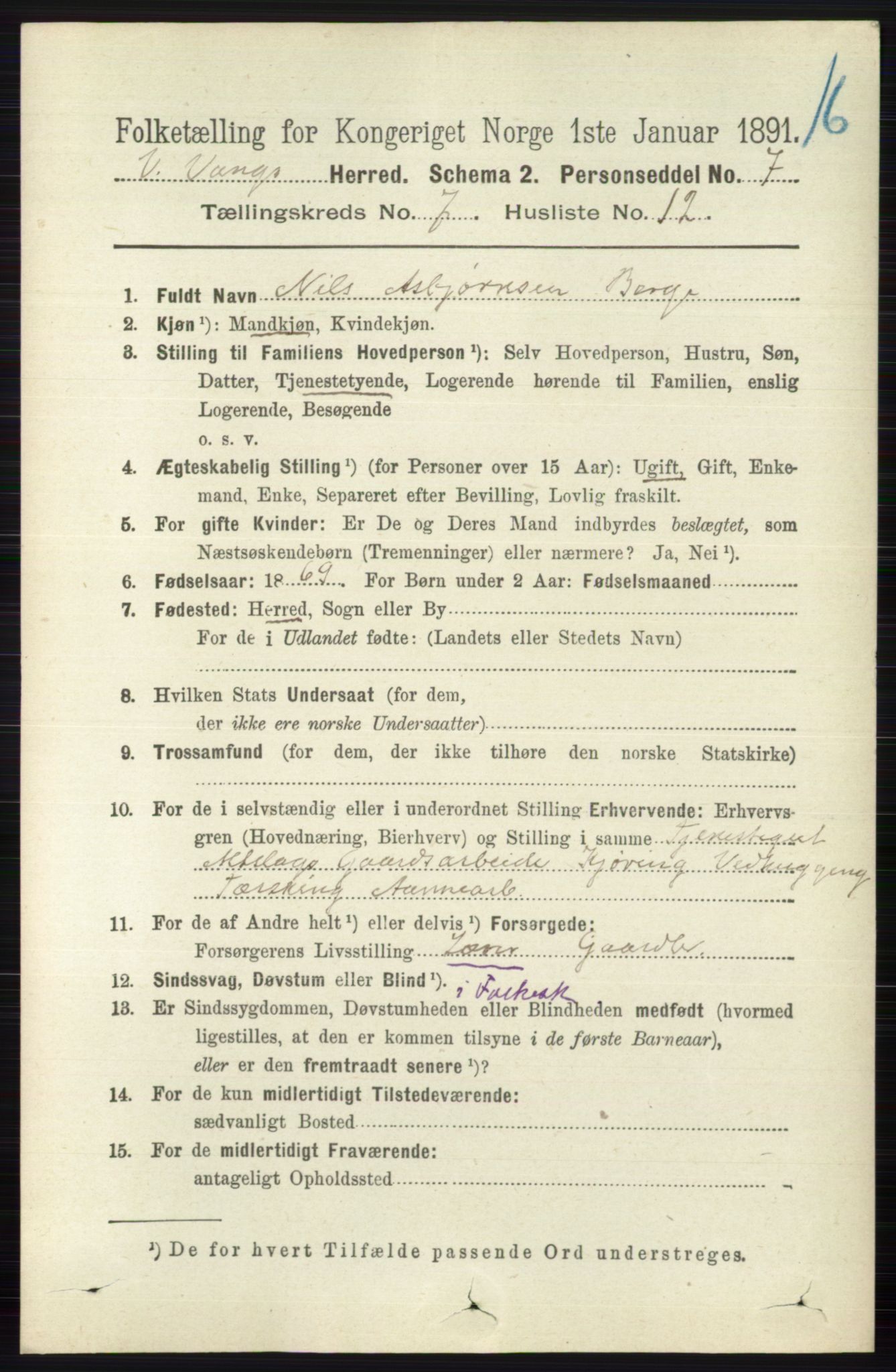 RA, 1891 census for 0545 Vang, 1891, p. 1504