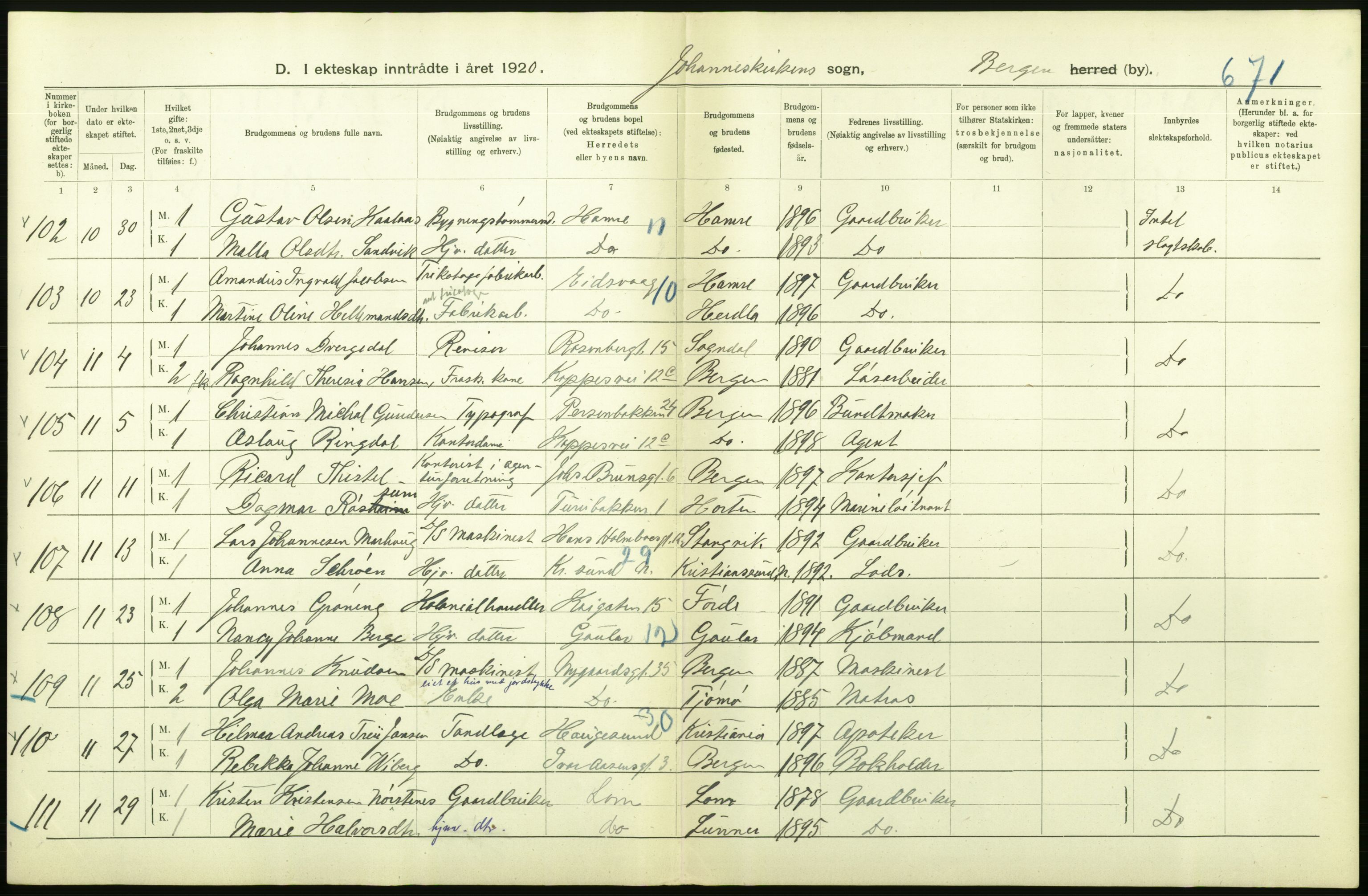 Statistisk sentralbyrå, Sosiodemografiske emner, Befolkning, AV/RA-S-2228/D/Df/Dfb/Dfbj/L0042: Bergen: Gifte, døde, dødfødte., 1920, p. 160