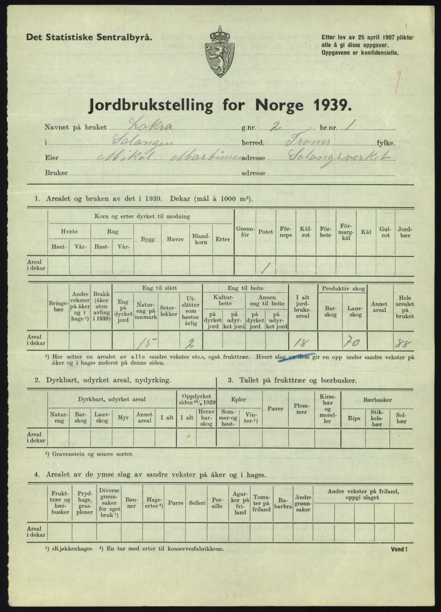 Statistisk sentralbyrå, Næringsøkonomiske emner, Jordbruk, skogbruk, jakt, fiske og fangst, AV/RA-S-2234/G/Gb/L0340: Troms: Salangen og Dyrøy, 1939, p. 158