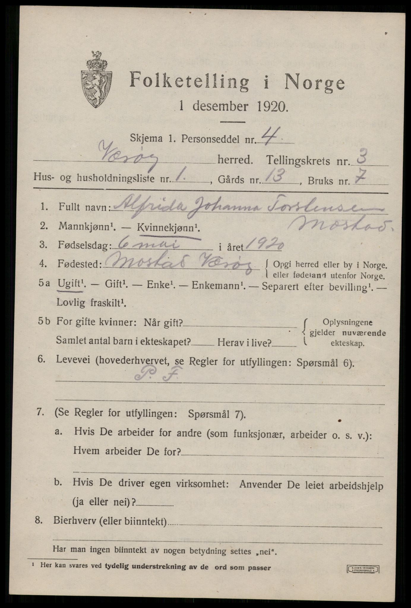 SAT, 1920 census for Værøy, 1920, p. 2233