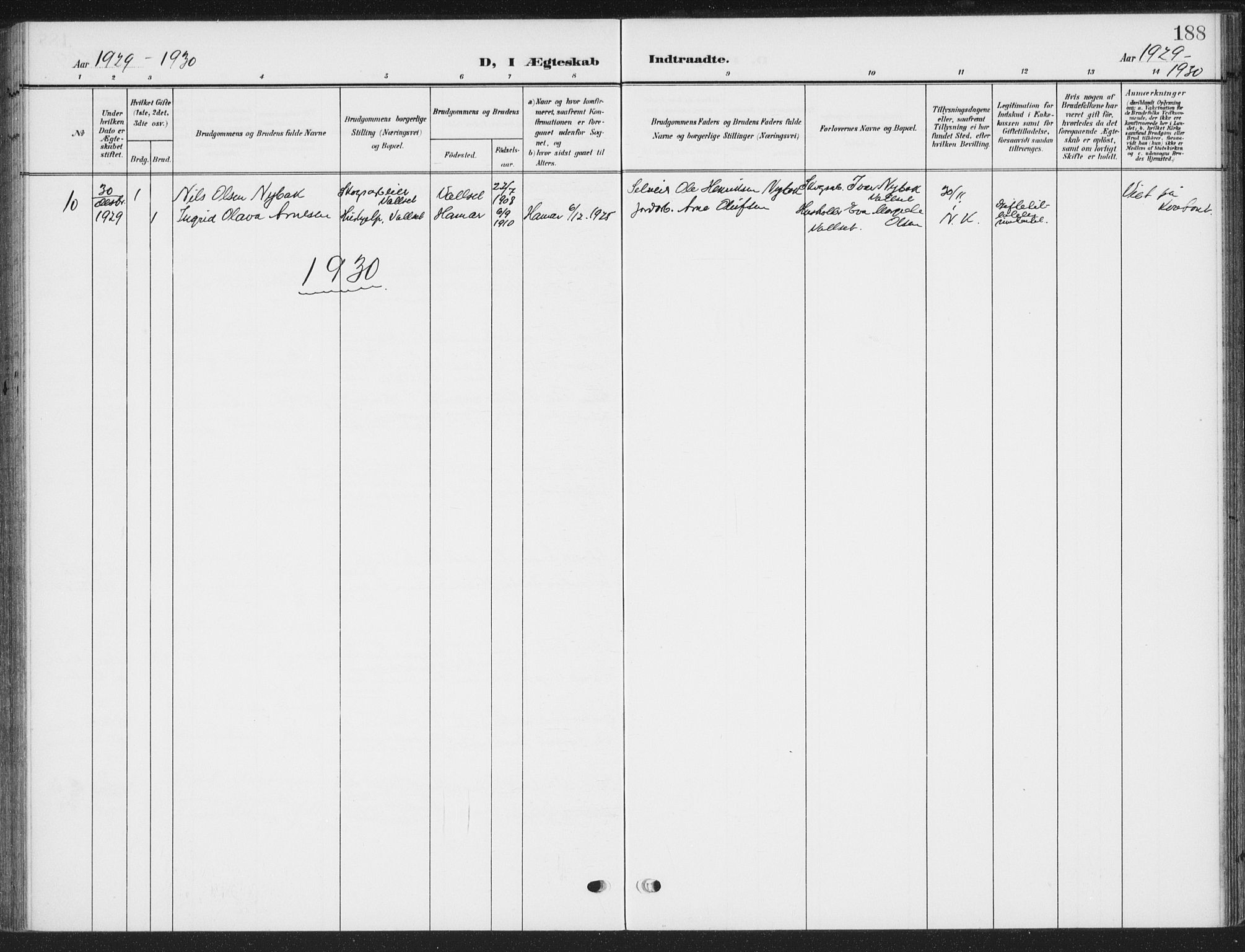 Romedal prestekontor, SAH/PREST-004/K/L0009: Parish register (official) no. 9, 1906-1929, p. 188