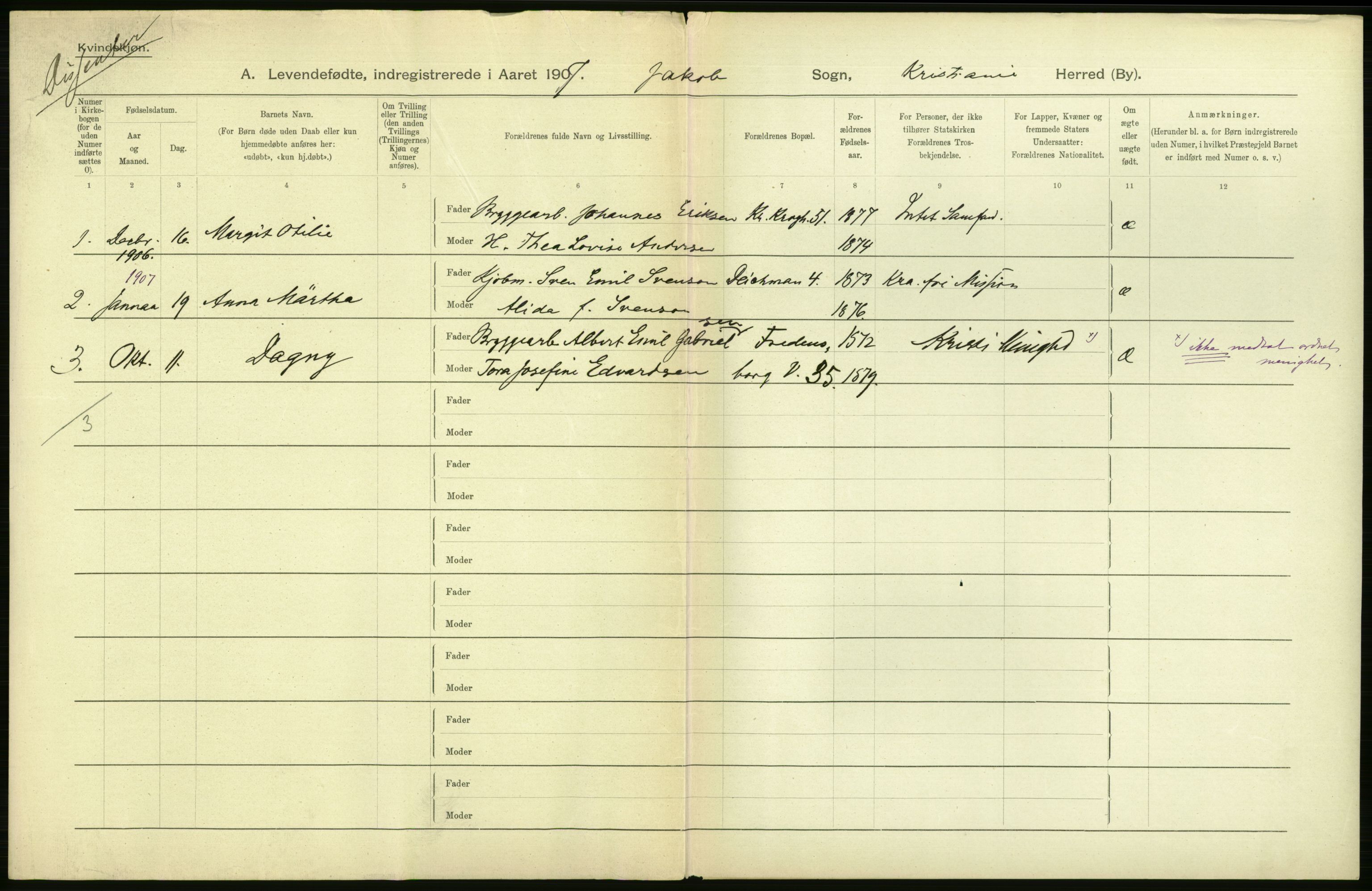 Statistisk sentralbyrå, Sosiodemografiske emner, Befolkning, AV/RA-S-2228/D/Df/Dfa/Dfae/L0007: Kristiania: Levendefødte menn og kvinner., 1907, p. 394