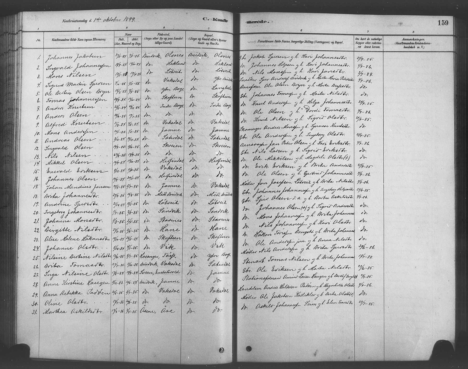 Bruvik Sokneprestembete, SAB/A-74701/H/Hab: Parish register (copy) no. A 1, 1878-1907, p. 159