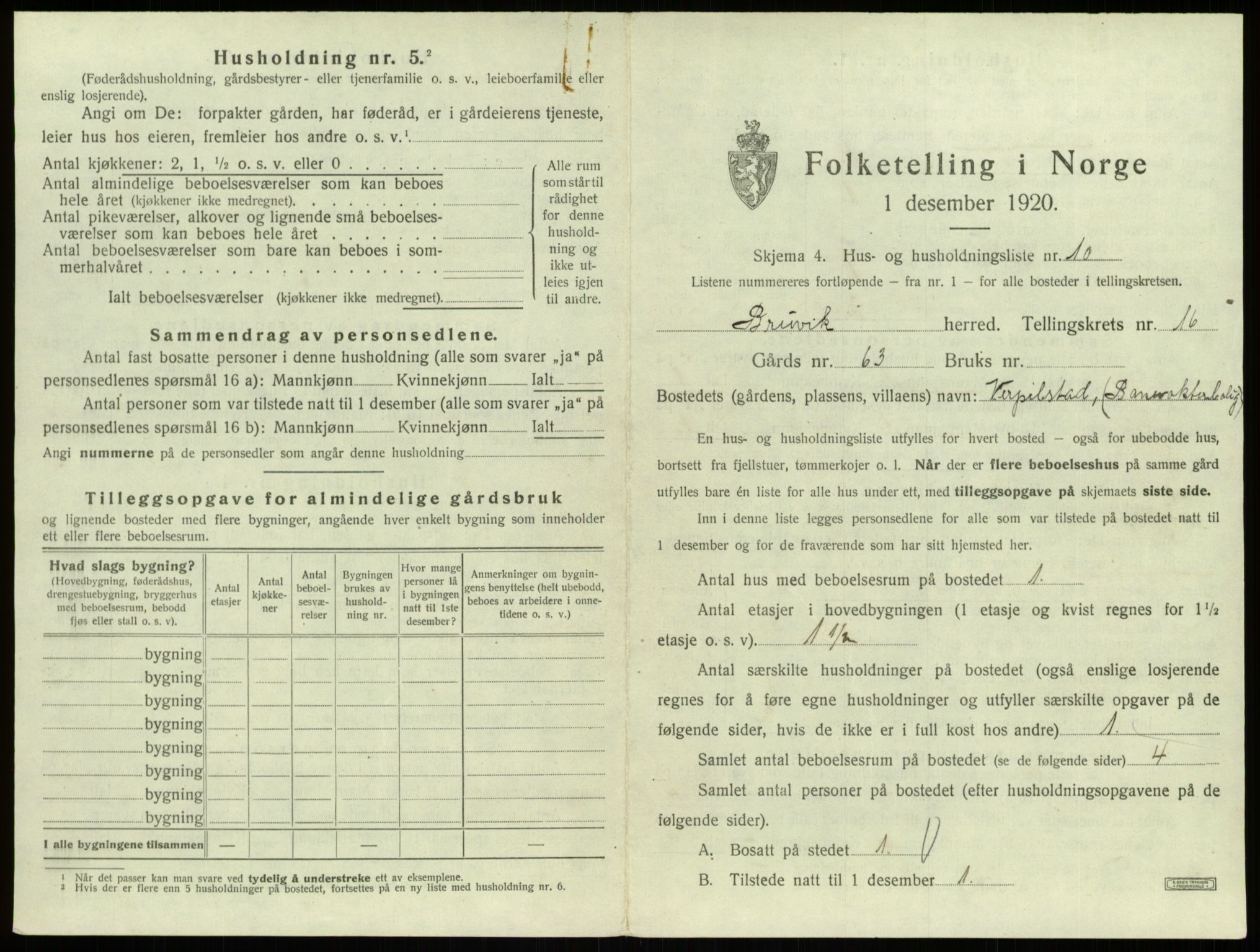 SAB, 1920 census for Bruvik, 1920, p. 1090