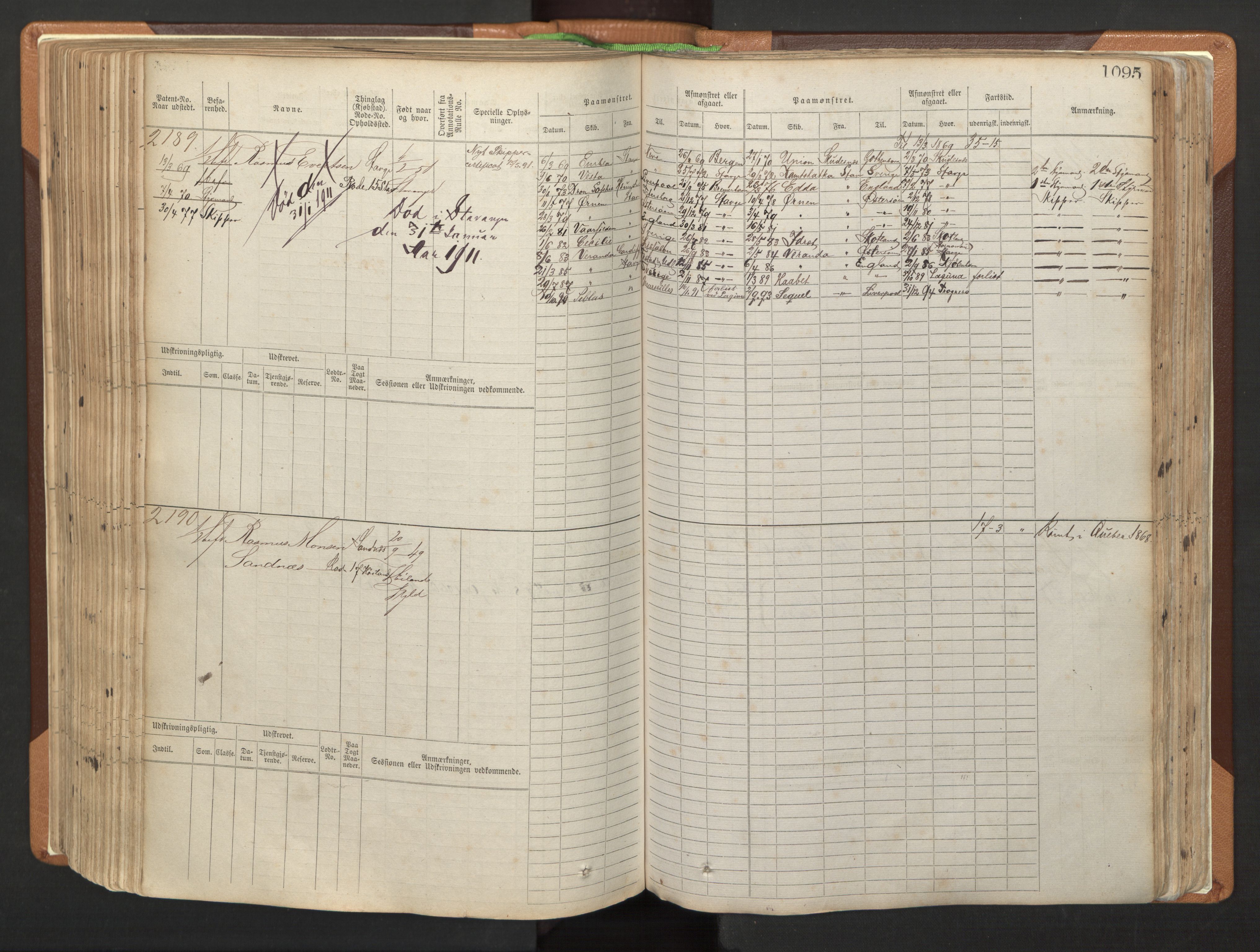 Stavanger sjømannskontor, AV/SAST-A-102006/F/Fb/Fbb/L0006: Sjøfartshovedrulle, patentnr. 1607-2402 (del 3), 1869-1880, p. 295