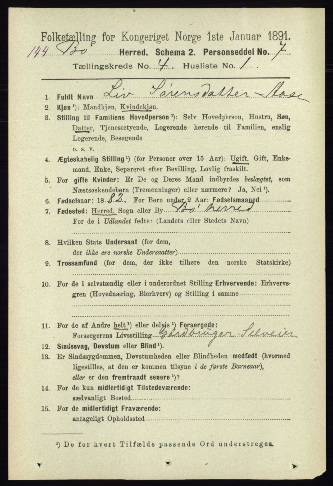 RA, 1891 census for 0821 Bø, 1891, p. 1230