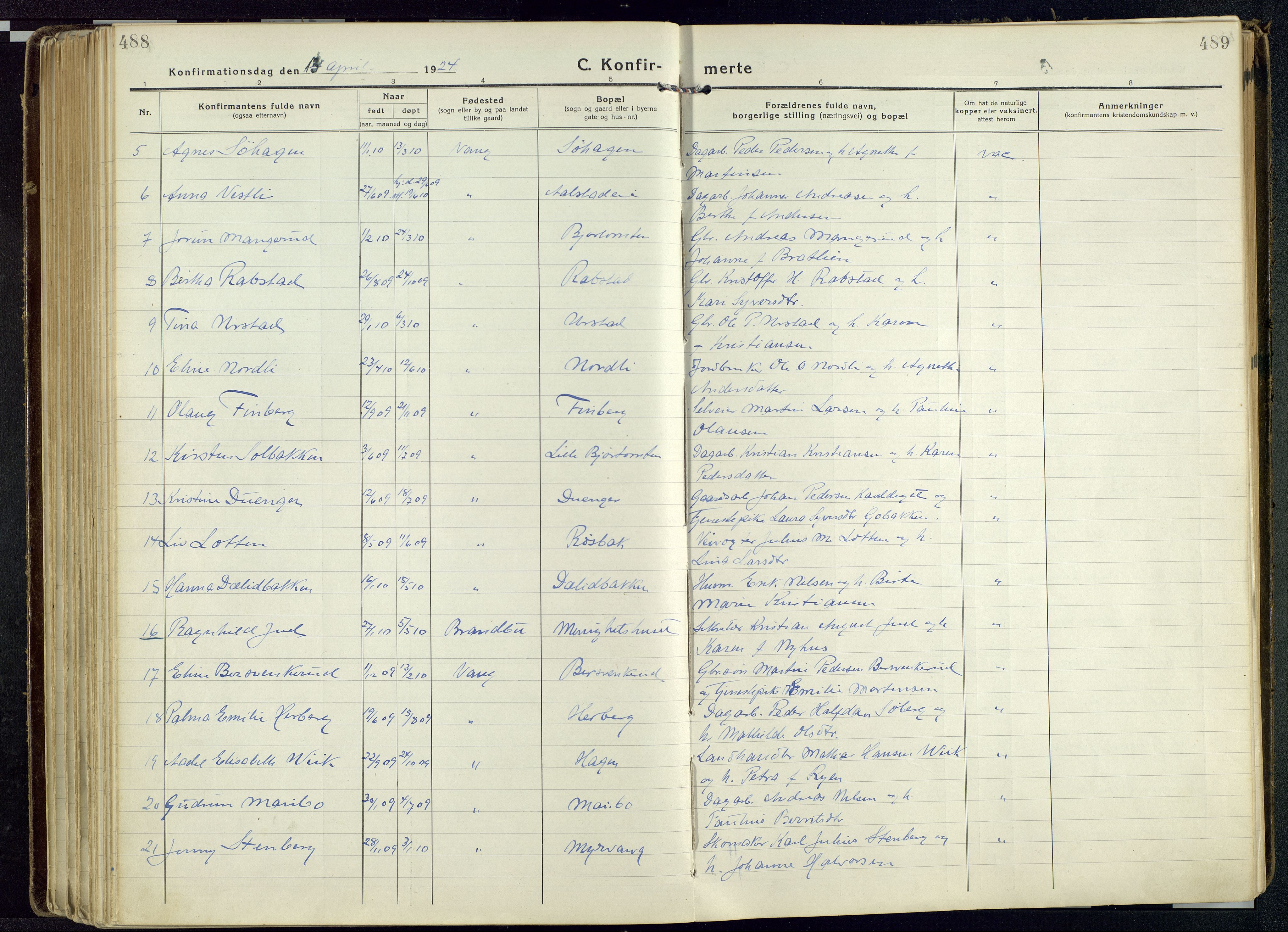 Vang prestekontor, Hedmark, SAH/PREST-008/H/Ha/Haa/L0022: Parish register (official) no. 22, 1918-1944, p. 488-489