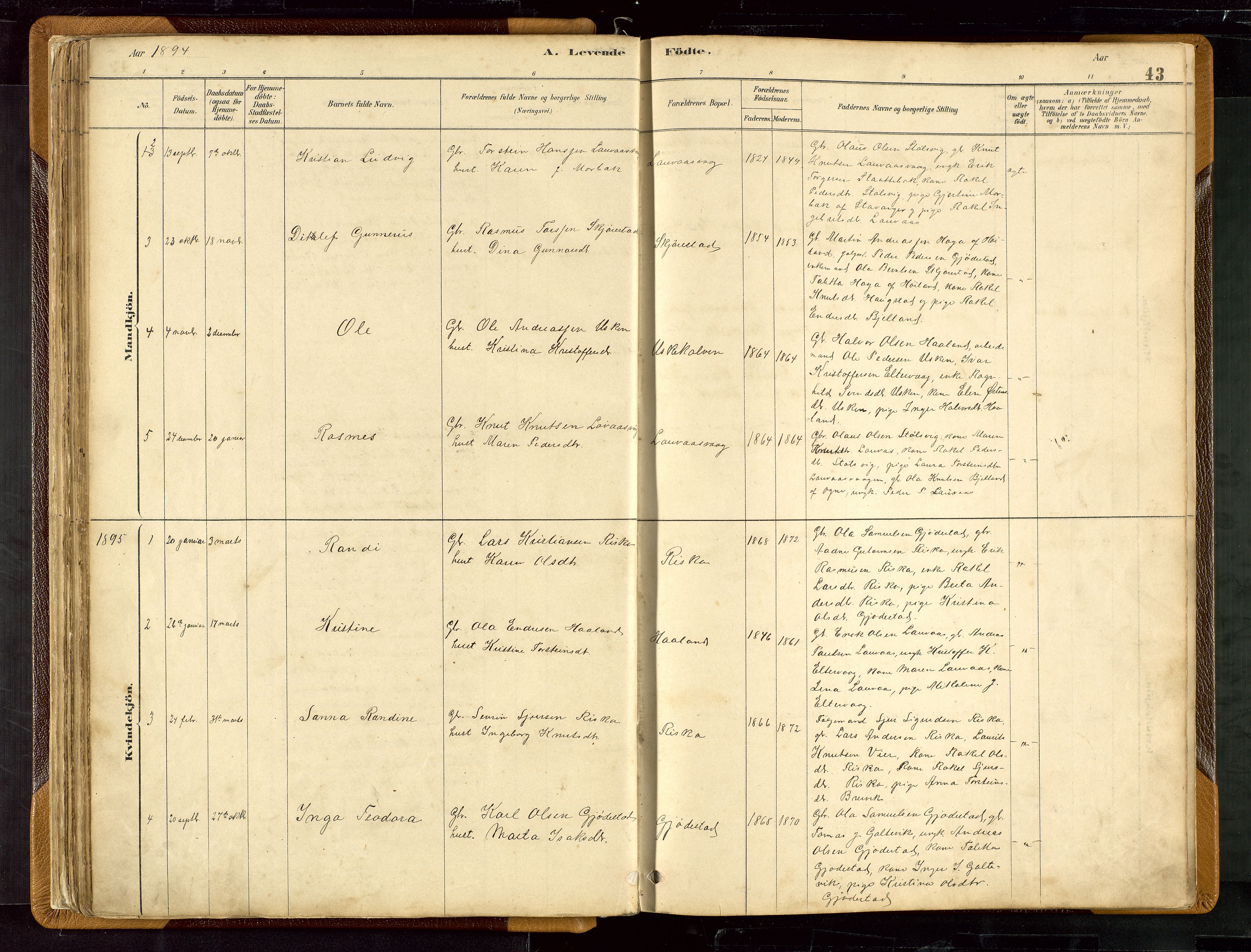 Hetland sokneprestkontor, SAST/A-101826/30/30BB/L0007: Parish register (copy) no. B 7, 1878-1910, p. 43