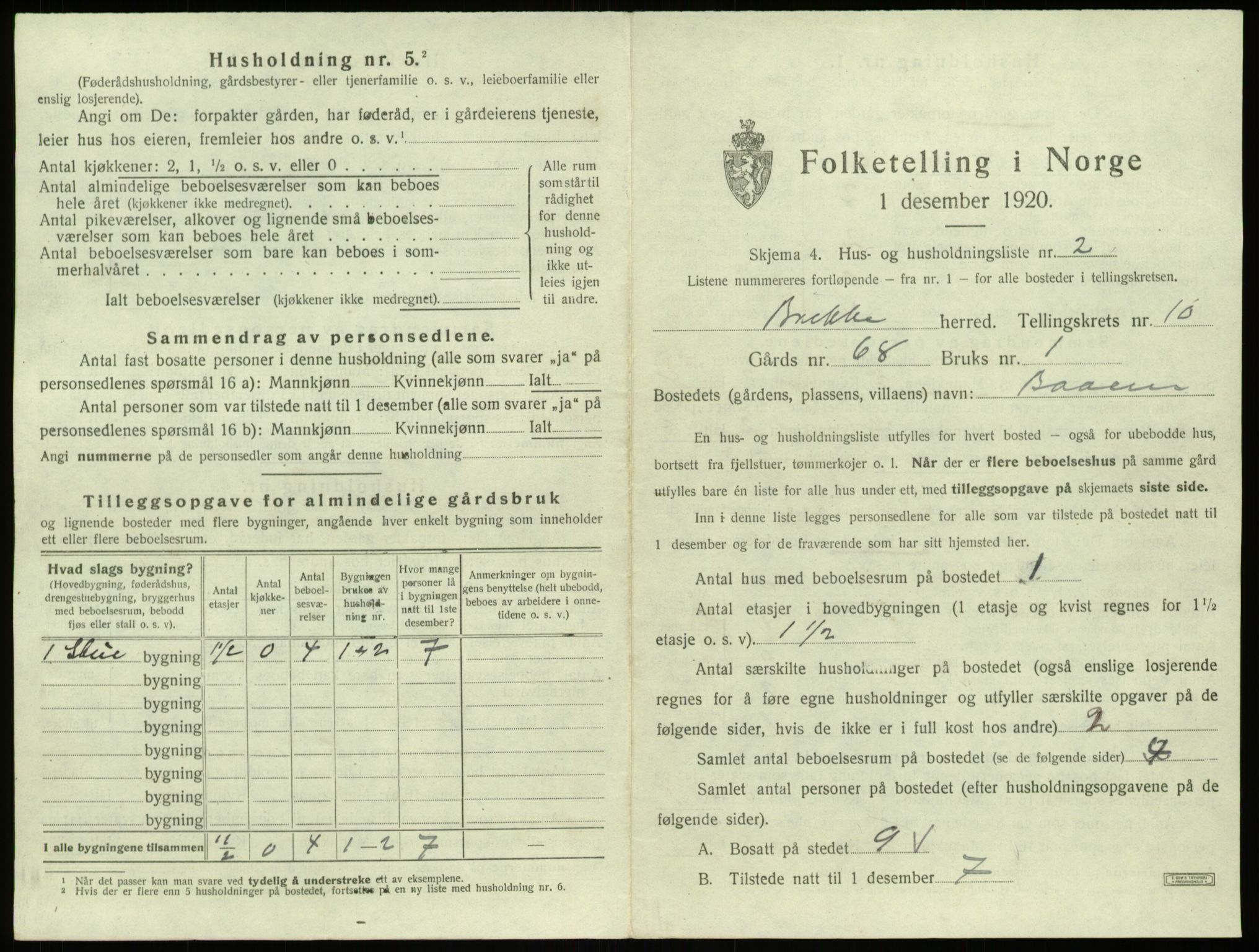 SAB, 1920 census for Brekke, 1920, p. 300