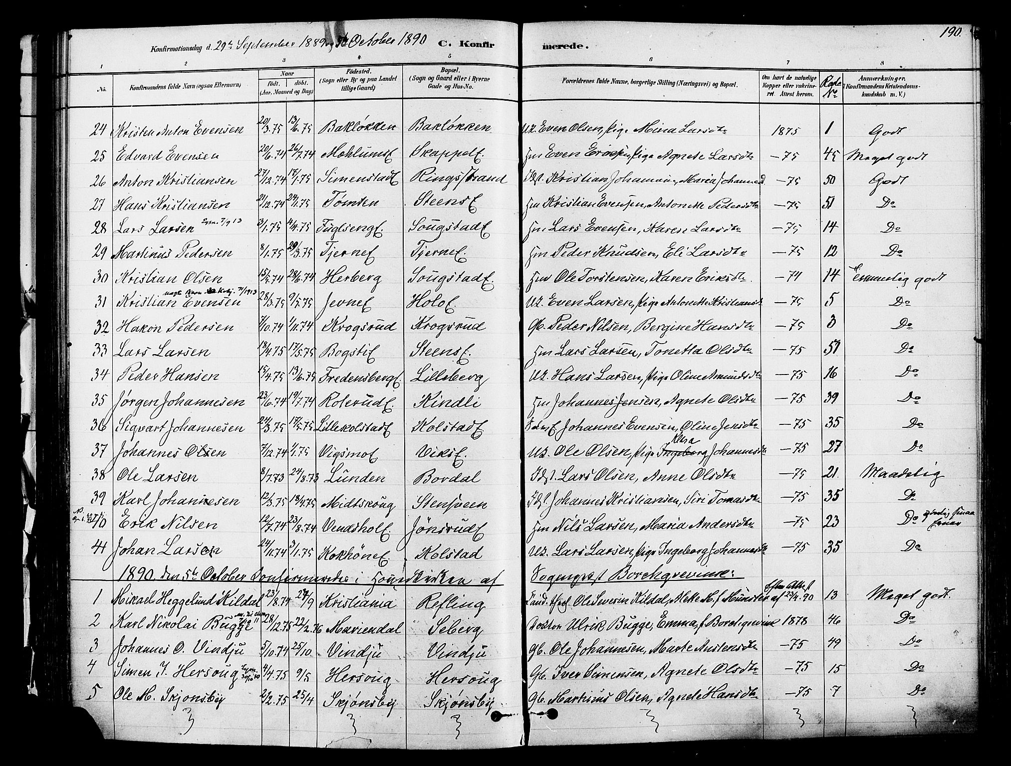 Ringsaker prestekontor, SAH/PREST-014/K/Ka/L0012: Parish register (official) no. 12, 1879-1890, p. 190