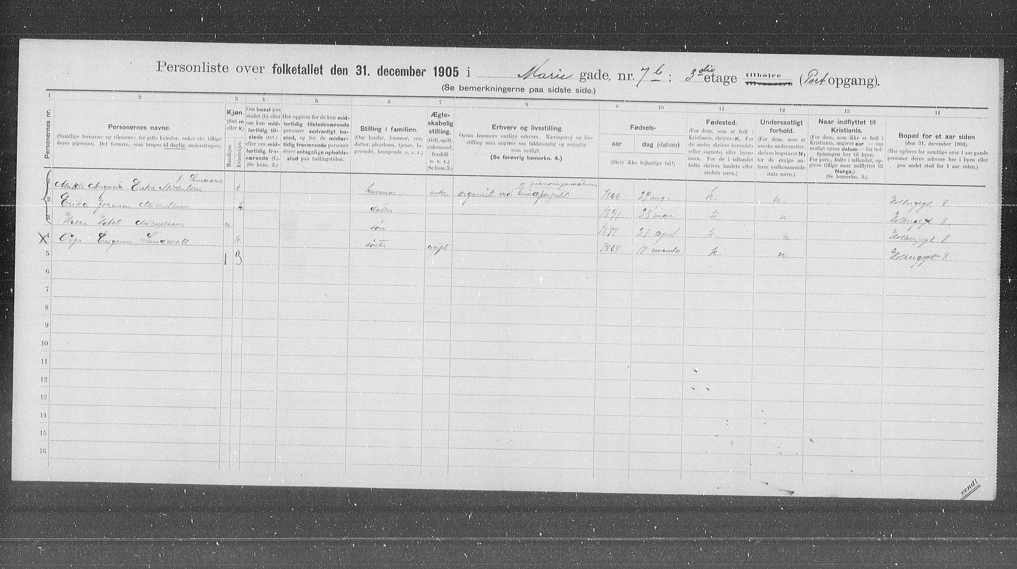 OBA, Municipal Census 1905 for Kristiania, 1905, p. 33037