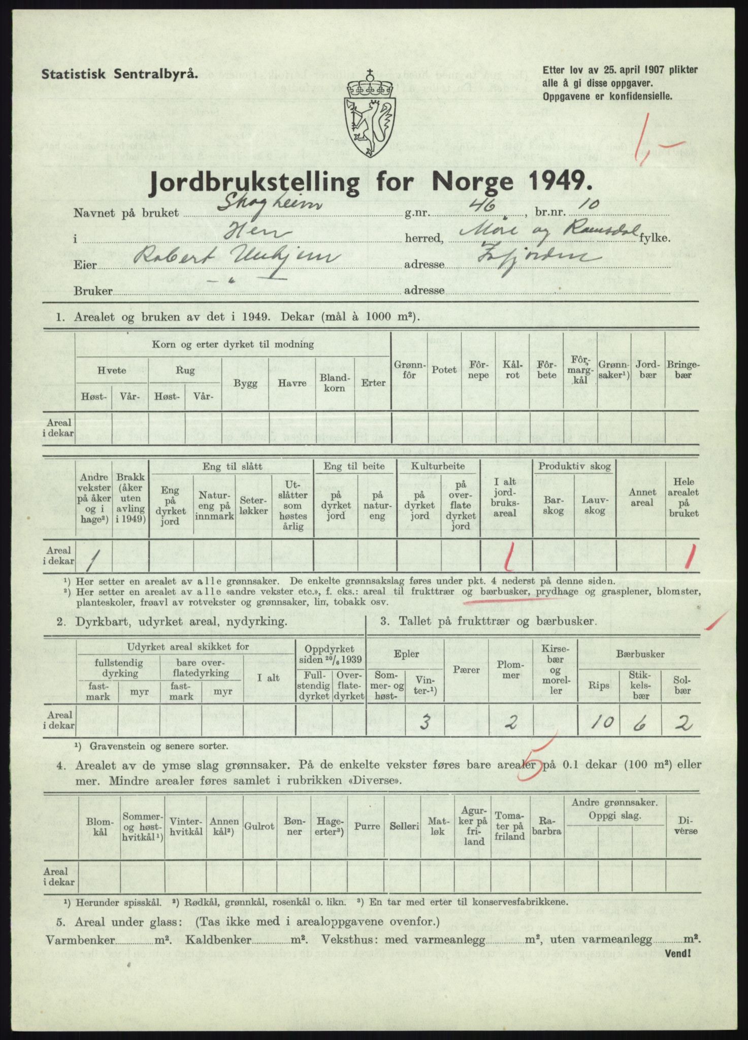 Statistisk sentralbyrå, Næringsøkonomiske emner, Jordbruk, skogbruk, jakt, fiske og fangst, AV/RA-S-2234/G/Gc/L0323: Møre og Romsdal: Grytten og Hen, 1949, p. 473