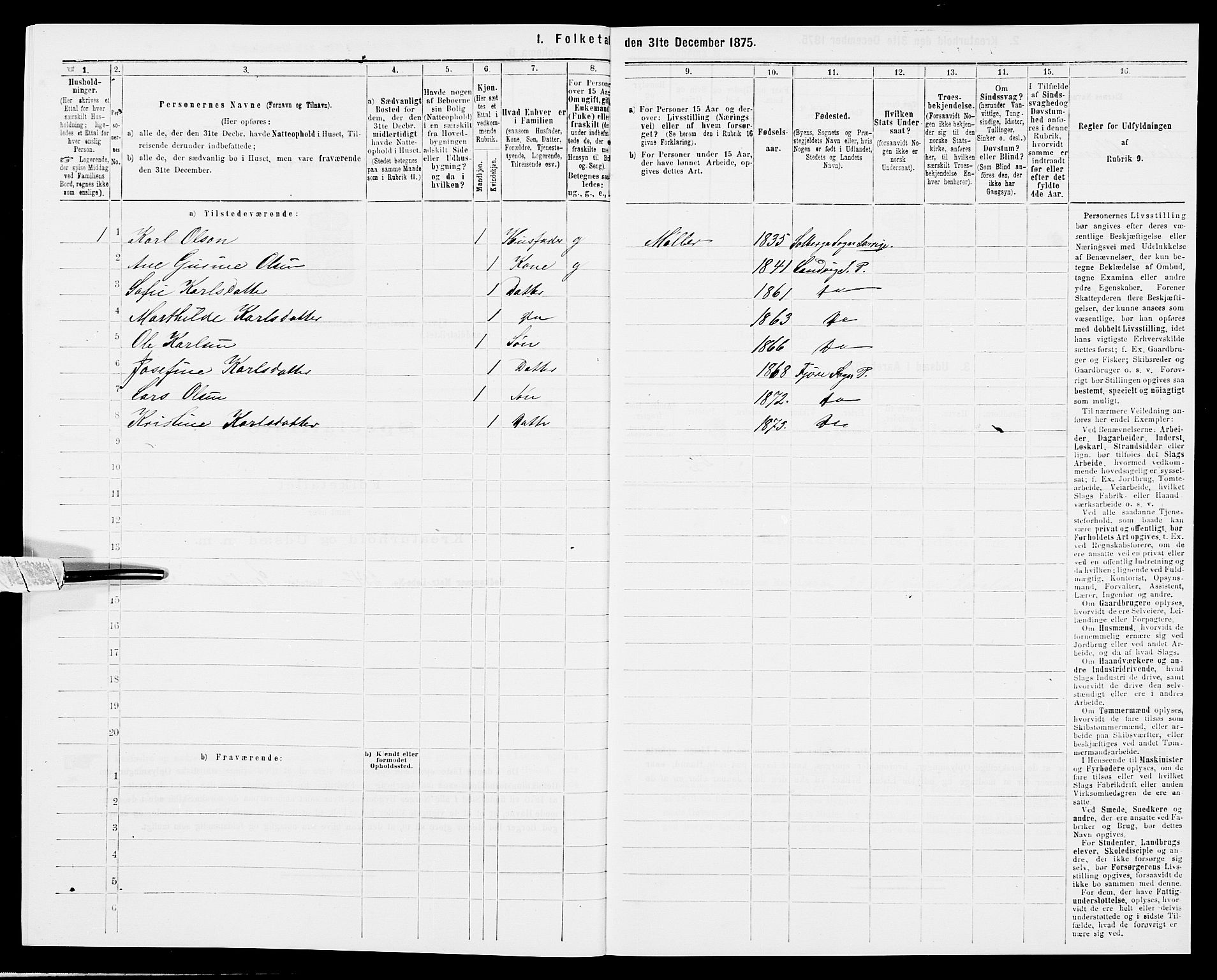 SAK, 1875 census for 0923L Fjære/Fjære, 1875, p. 740