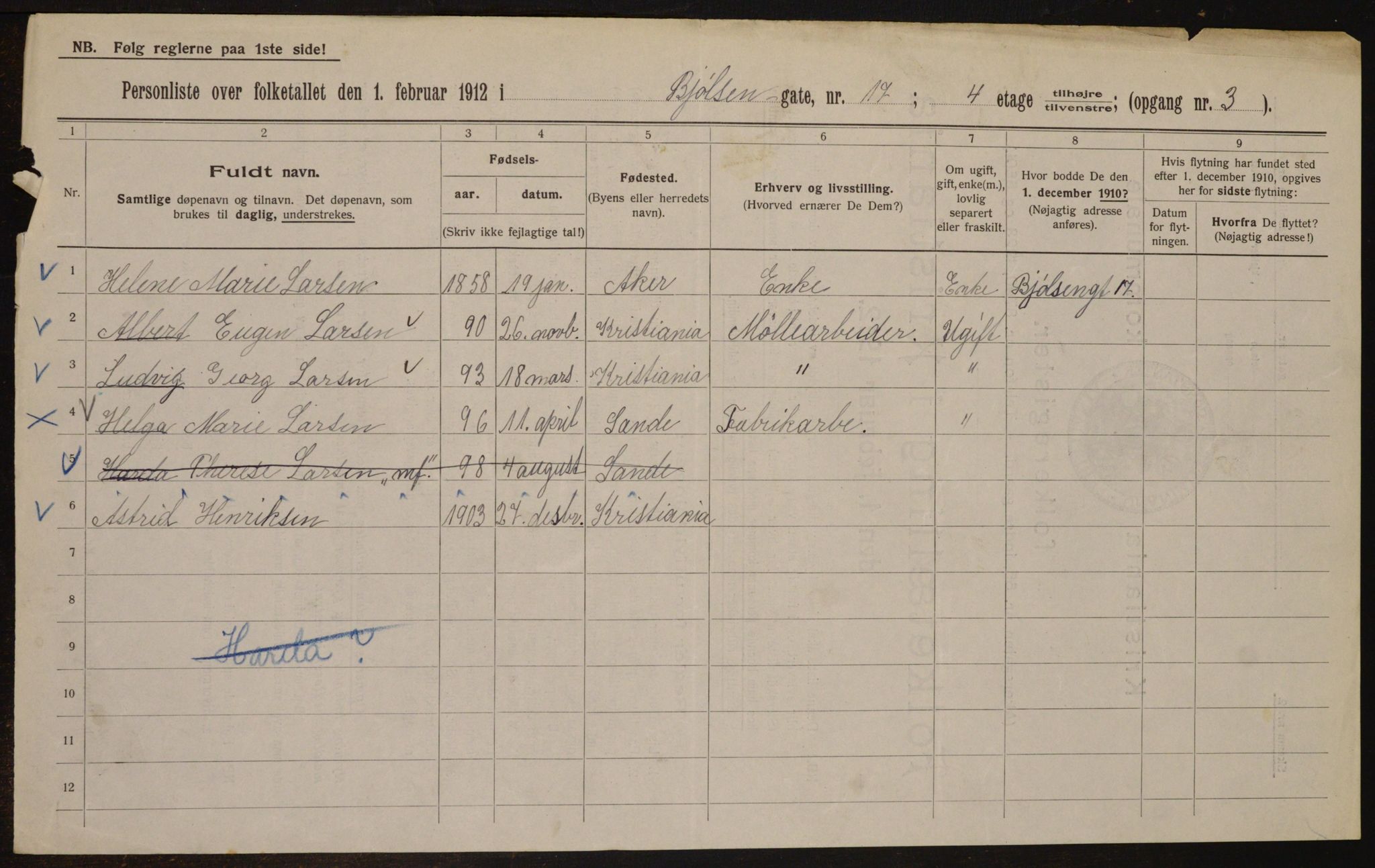 OBA, Municipal Census 1912 for Kristiania, 1912, p. 6435