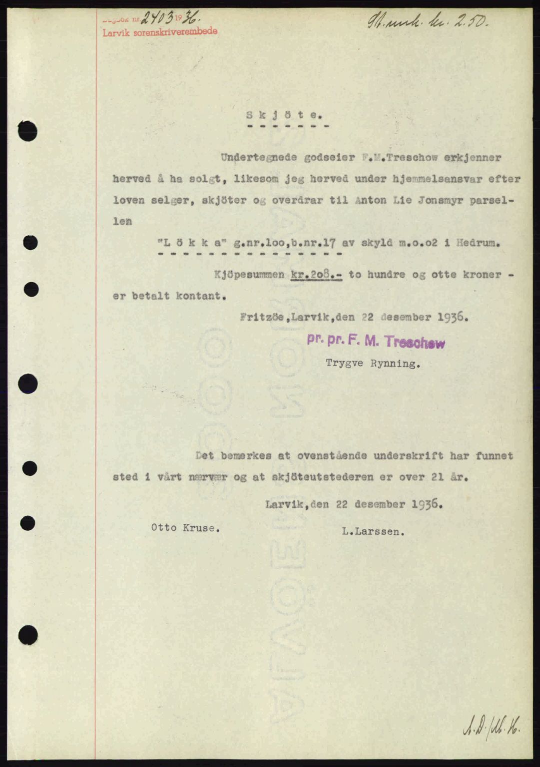 Larvik sorenskriveri, SAKO/A-83/G/Ga/Gab/L0067: Mortgage book no. A-1, 1936-1937, Diary no: : 2403/1936