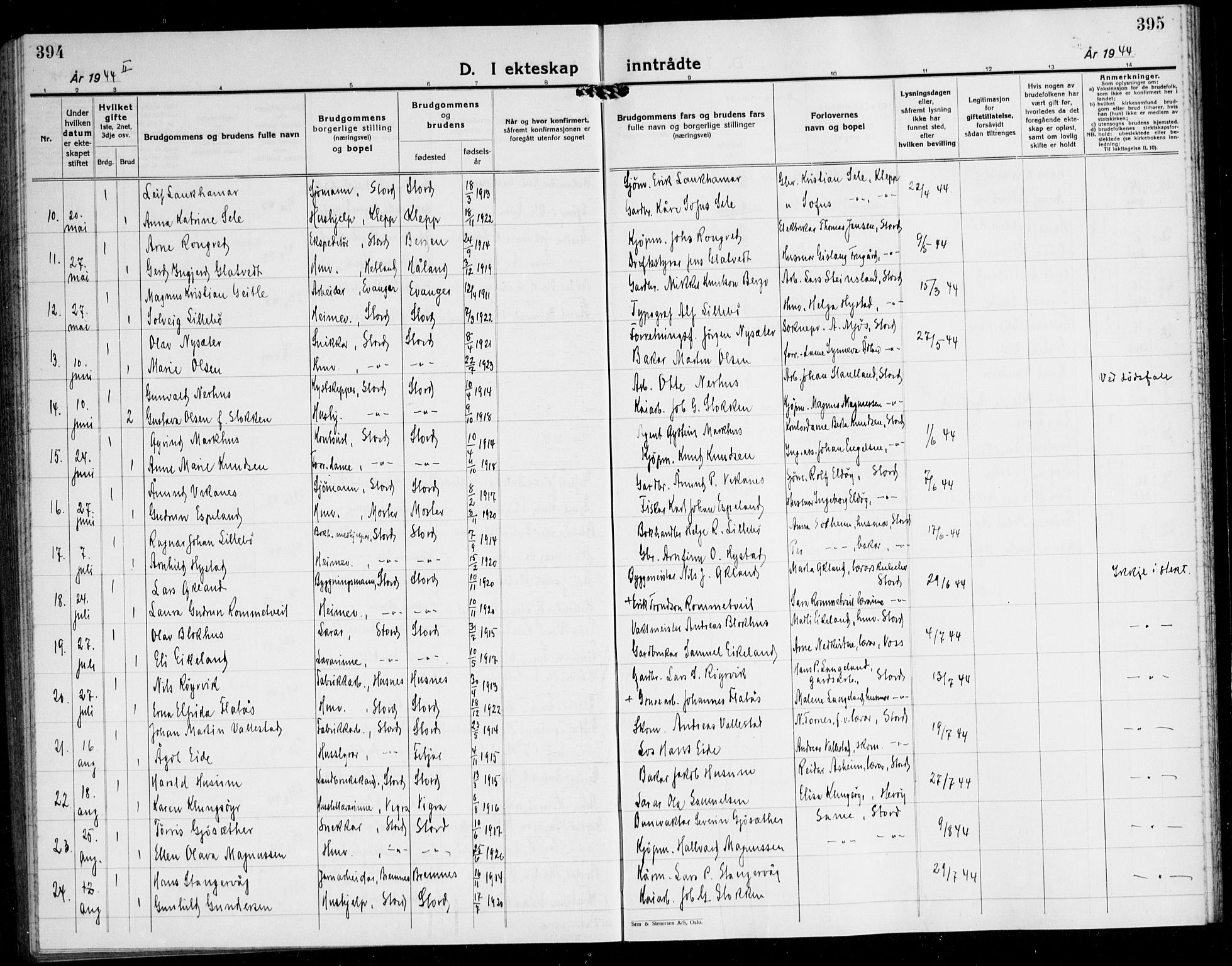 Stord sokneprestembete, AV/SAB-A-78201/H/Hab: Parish register (copy) no. A 5, 1933-1945, p. 394-395