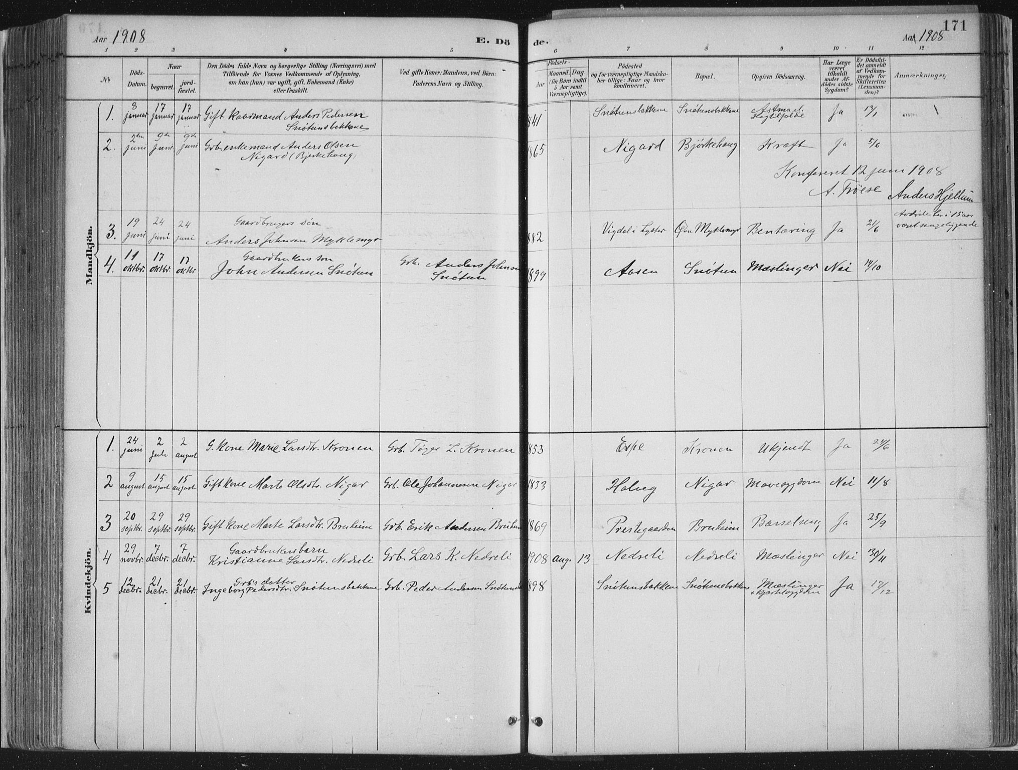 Jostedal sokneprestembete, SAB/A-80601/H/Haa/Haab/L0001: Parish register (official) no. B 1, 1887-1914, p. 171