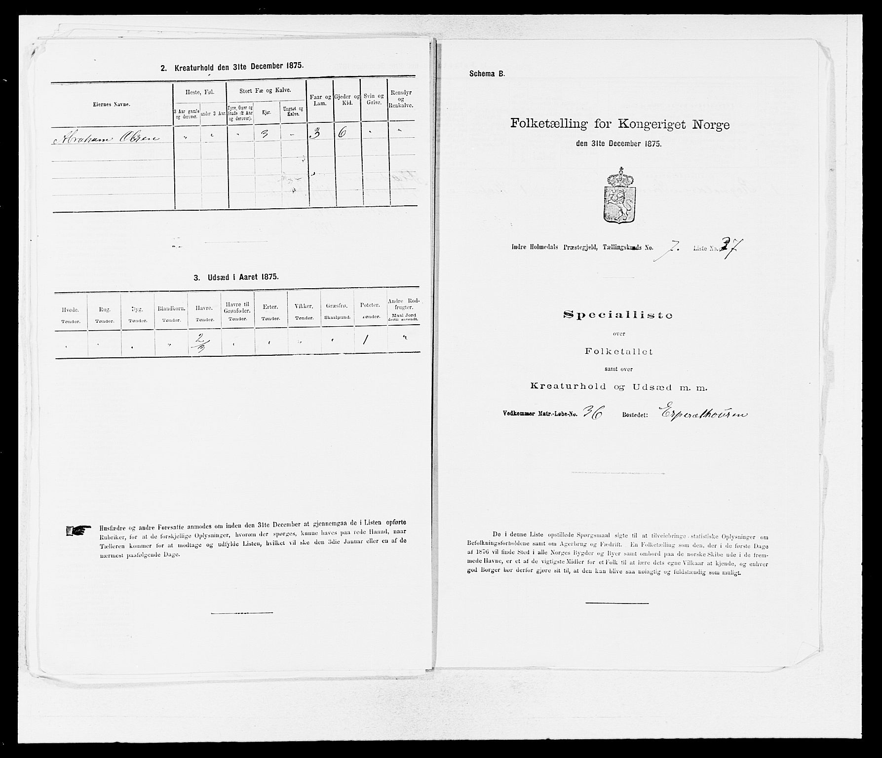 SAB, 1875 census for 1430P Indre Holmedal, 1875, p. 853