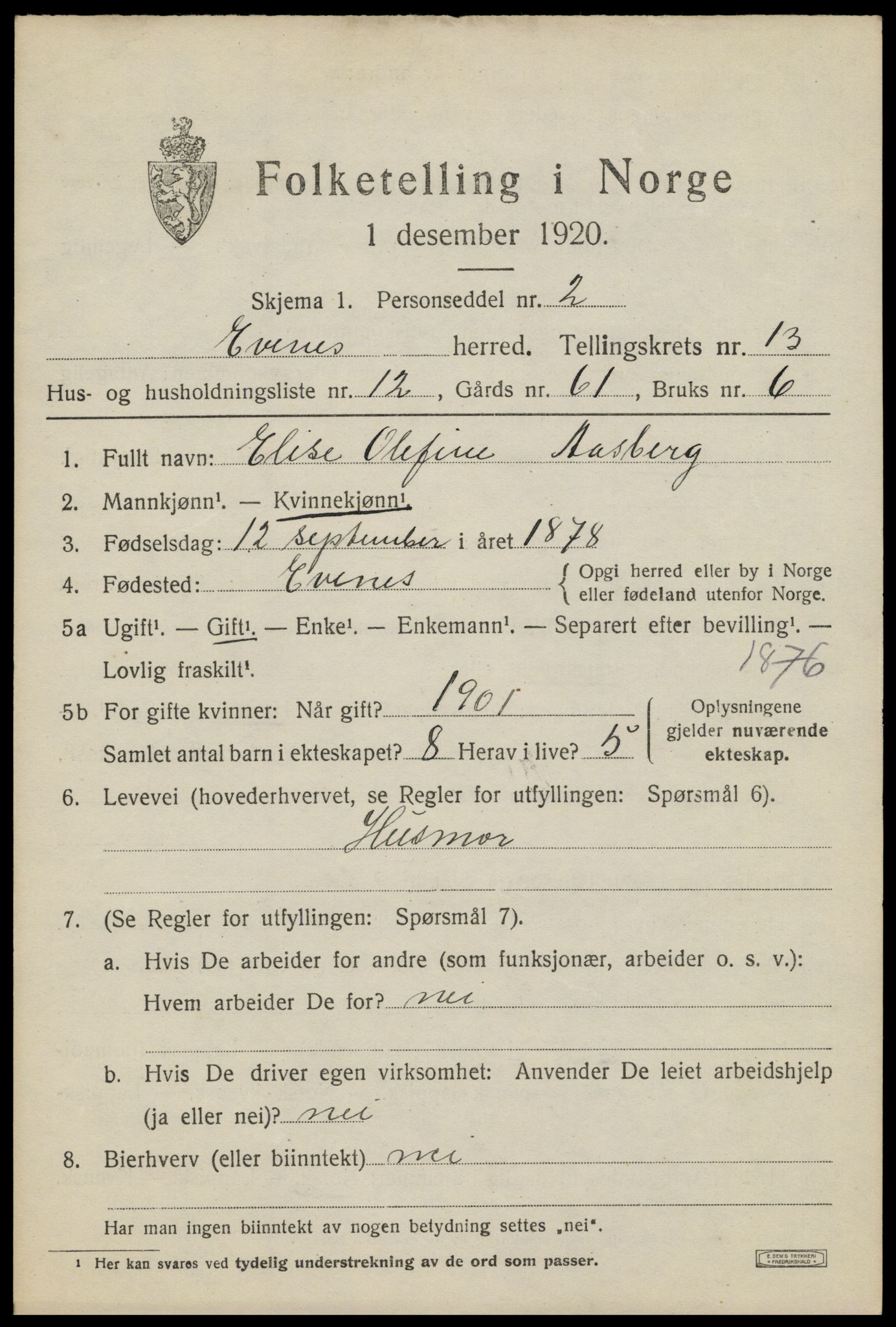 SAT, 1920 census for Evenes, 1920, p. 12038