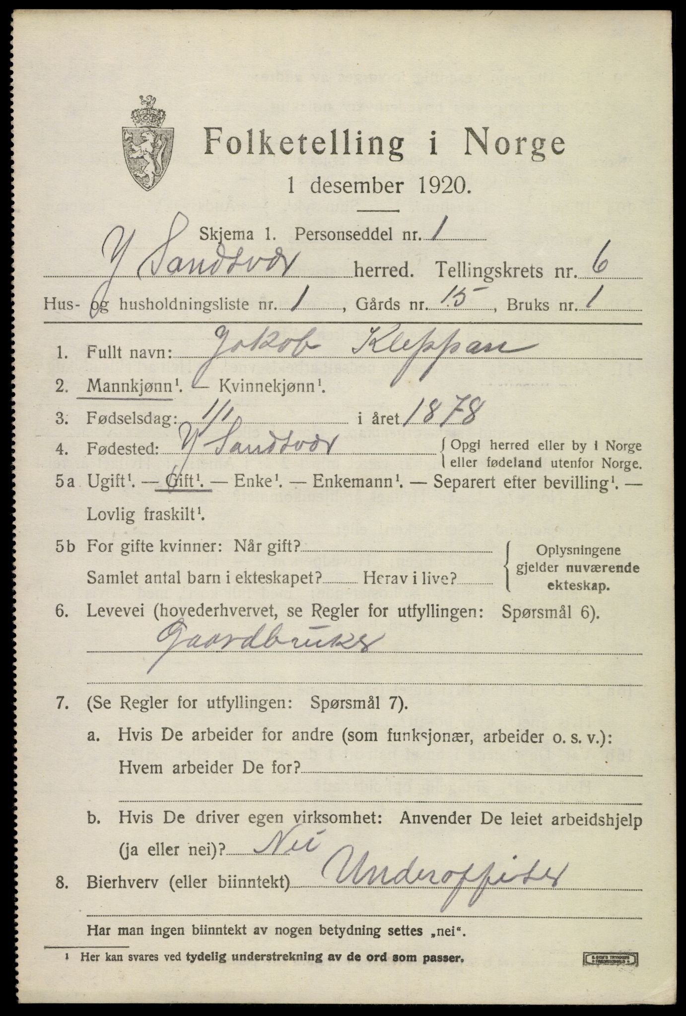 SAKO, 1920 census for Ytre Sandsvær, 1920, p. 4662