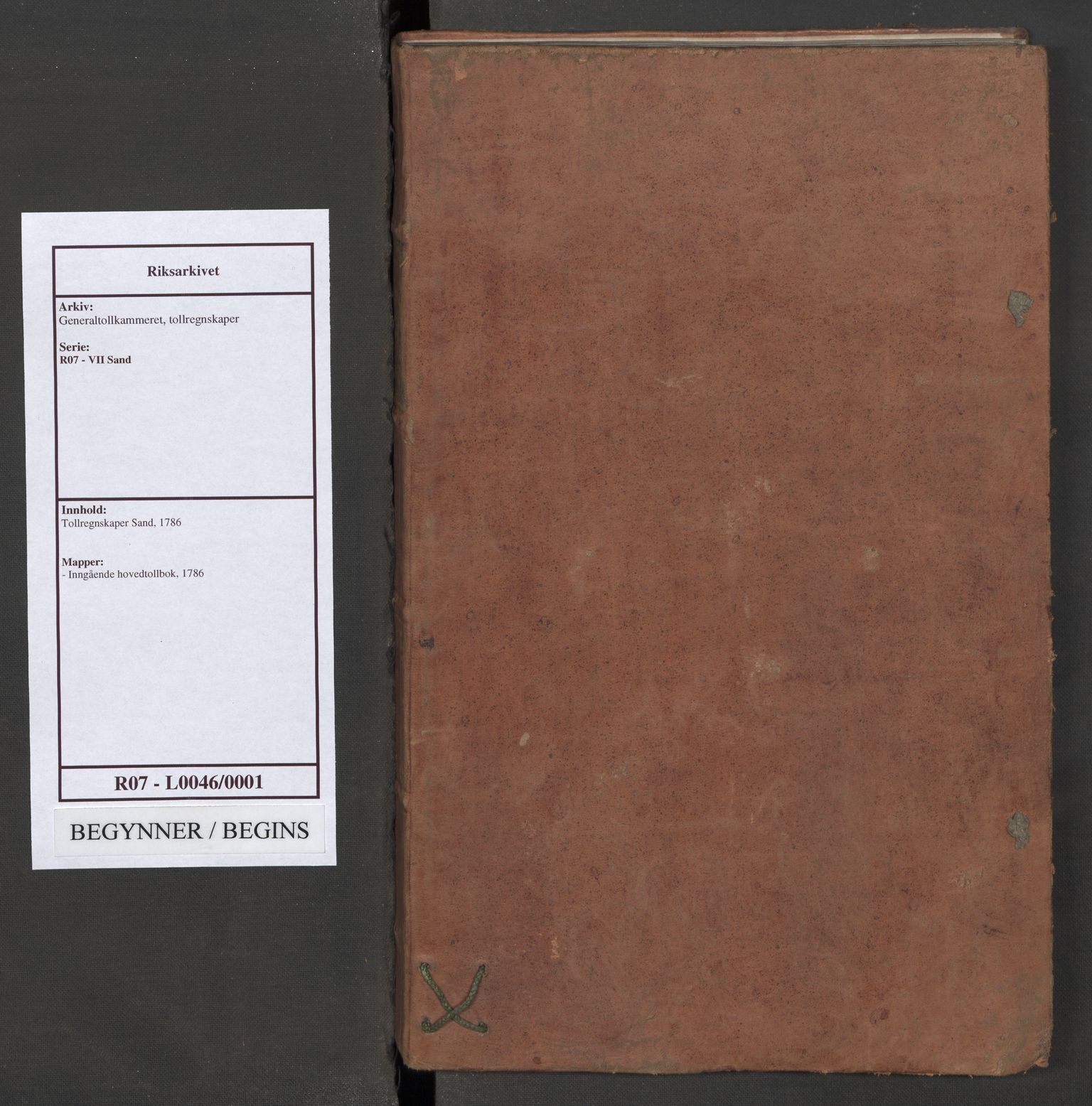 Generaltollkammeret, tollregnskaper, AV/RA-EA-5490/R07/L0046/0001: Tollregnskaper Sand / Inngående hovedtollbok, 1786