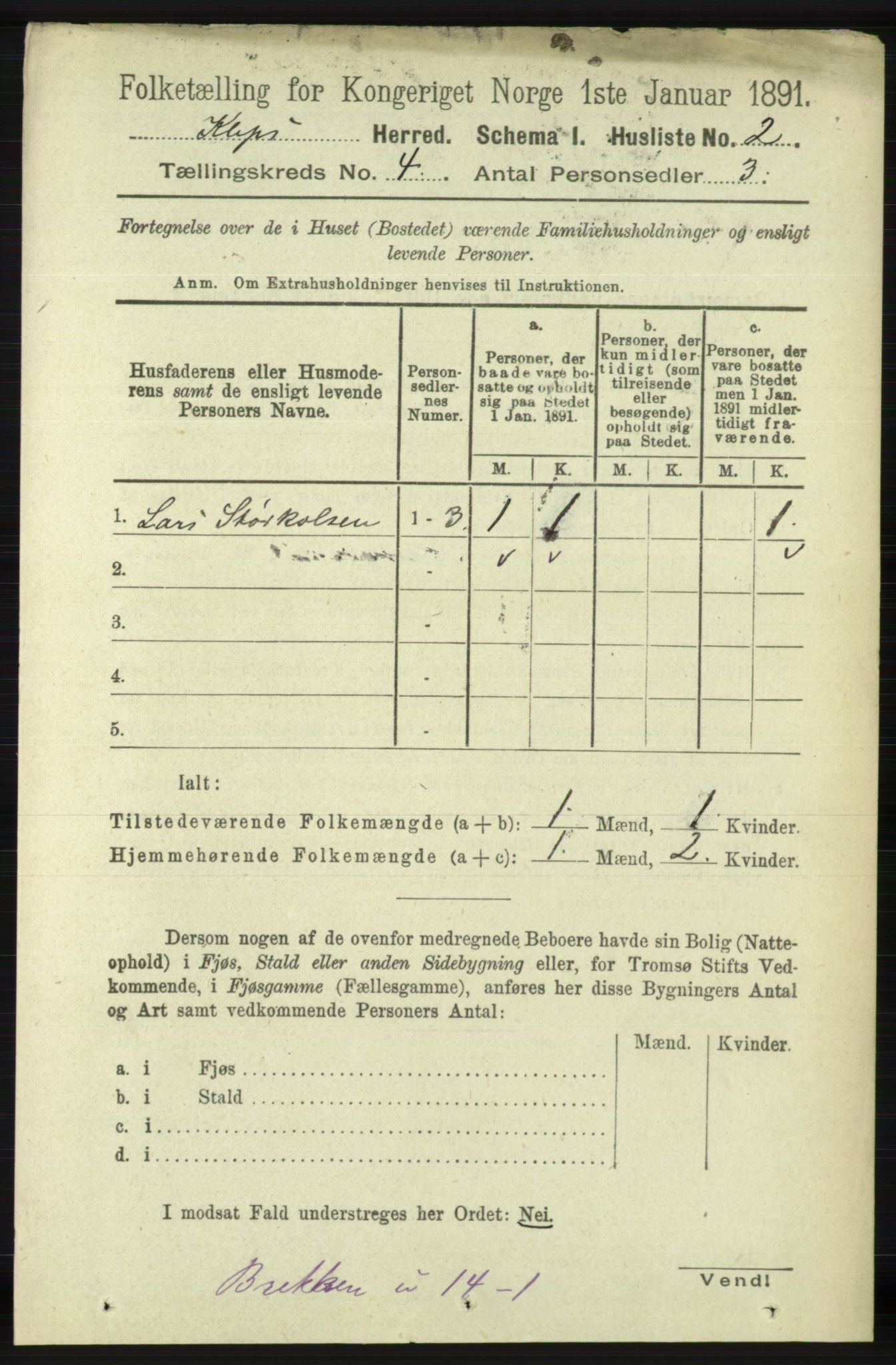 RA, 1891 census for 1120 Klepp, 1891, p. 893