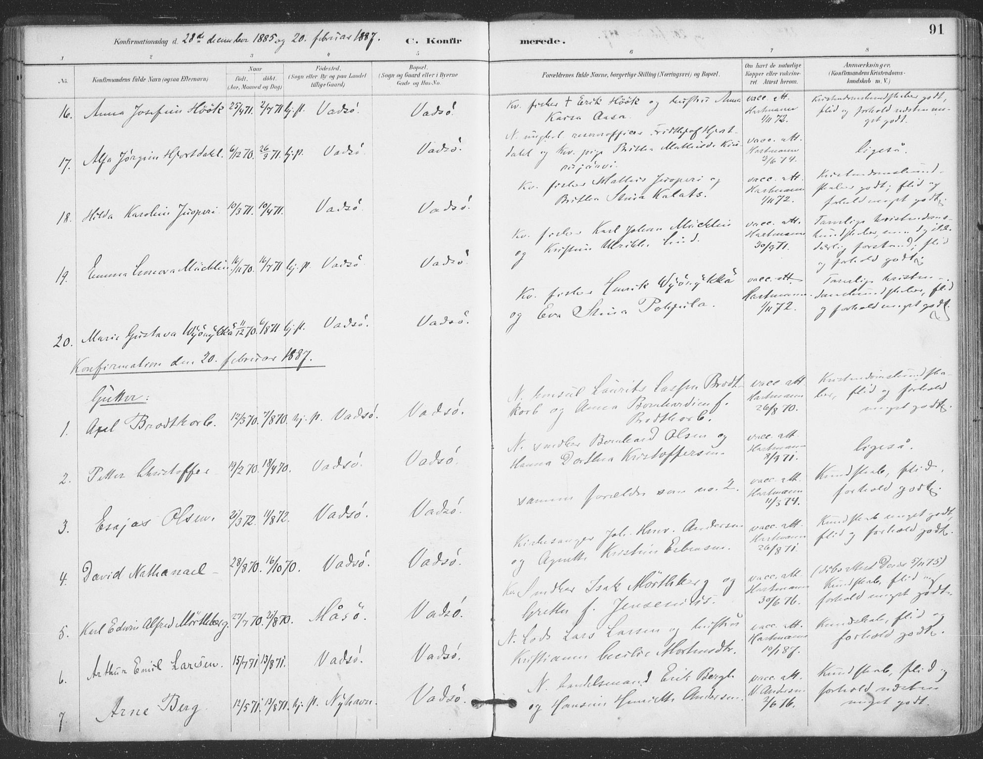 Vadsø sokneprestkontor, AV/SATØ-S-1325/H/Ha/L0006kirke: Parish register (official) no. 6, 1885-1895, p. 91