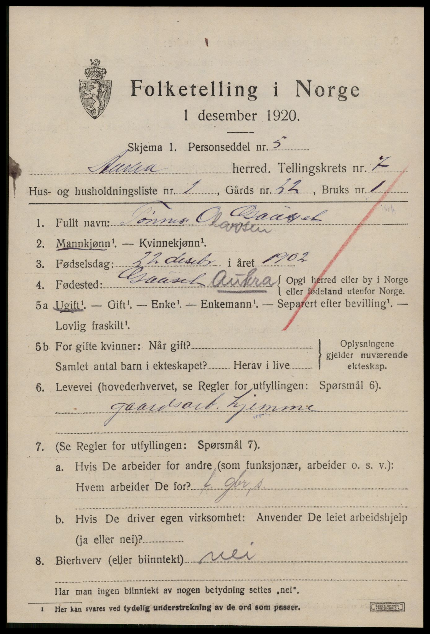 SAT, 1920 census for Aukra, 1920, p. 4241