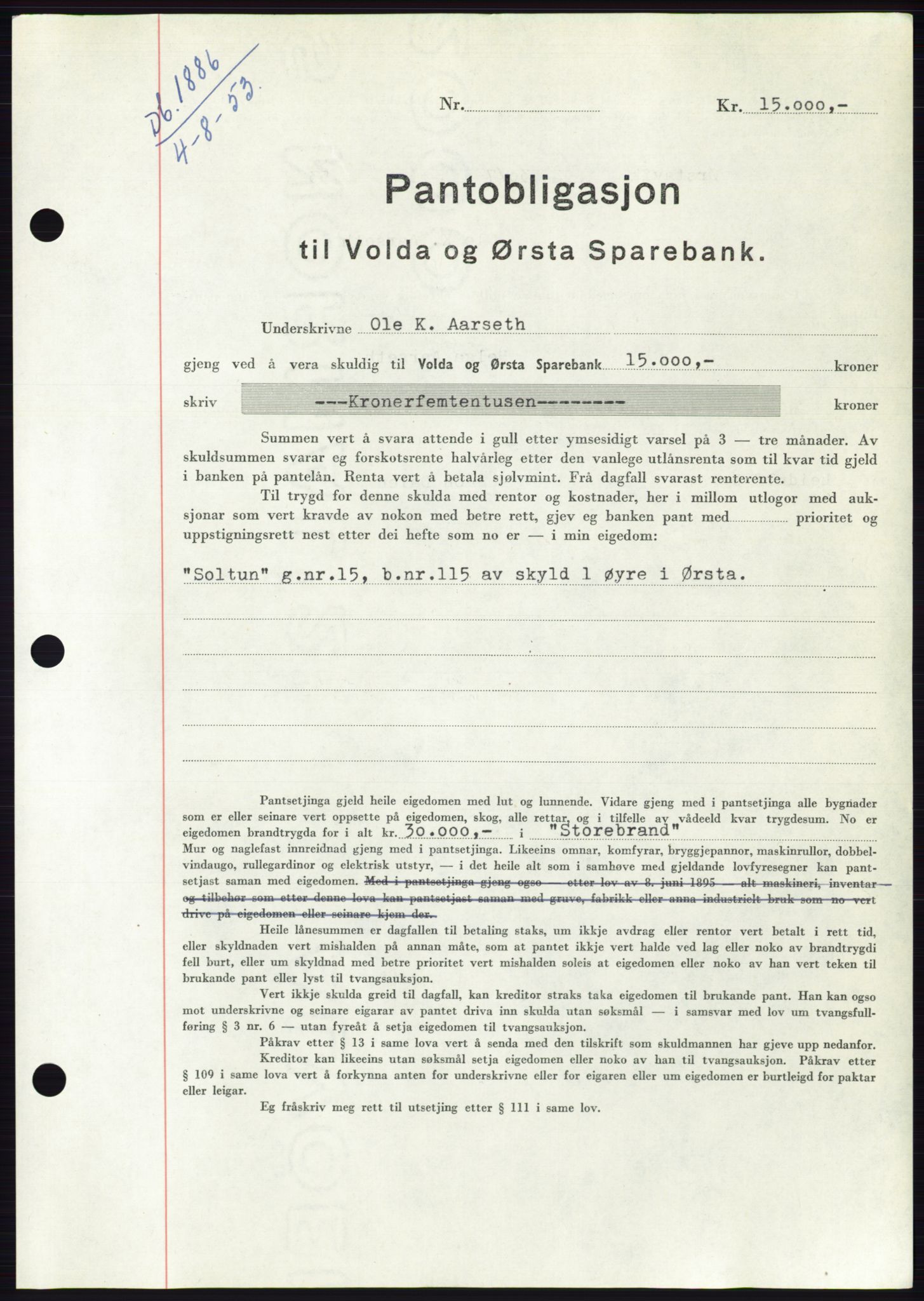 Søre Sunnmøre sorenskriveri, AV/SAT-A-4122/1/2/2C/L0123: Mortgage book no. 11B, 1953-1953, Diary no: : 1886/1953