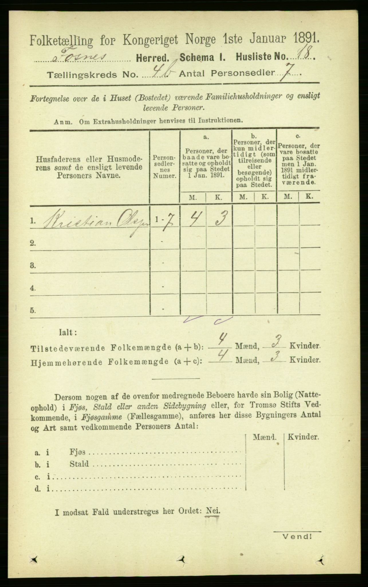 RA, 1891 census for 1748 Fosnes, 1891, p. 1698