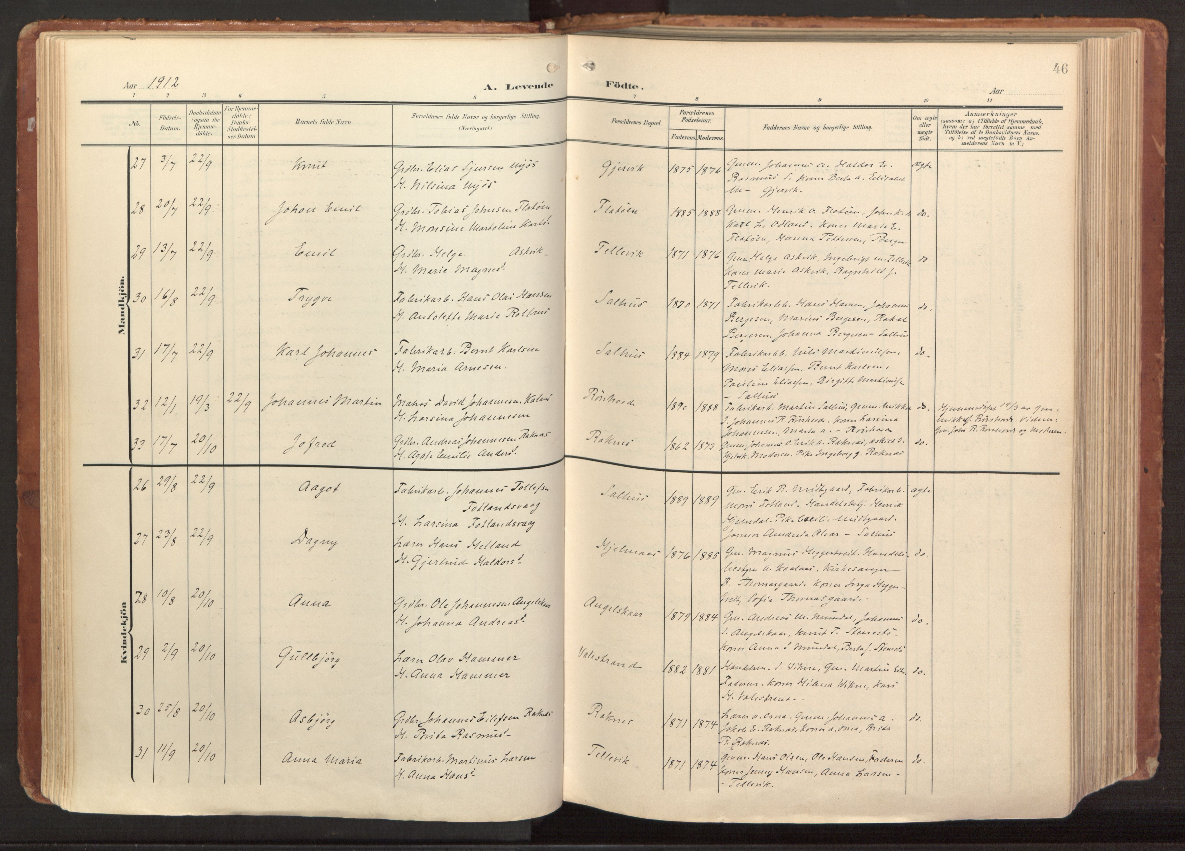 Hamre sokneprestembete, AV/SAB-A-75501/H/Ha/Haa/Haab/L0002: Parish register (official) no. B 2, 1905-1924, p. 46