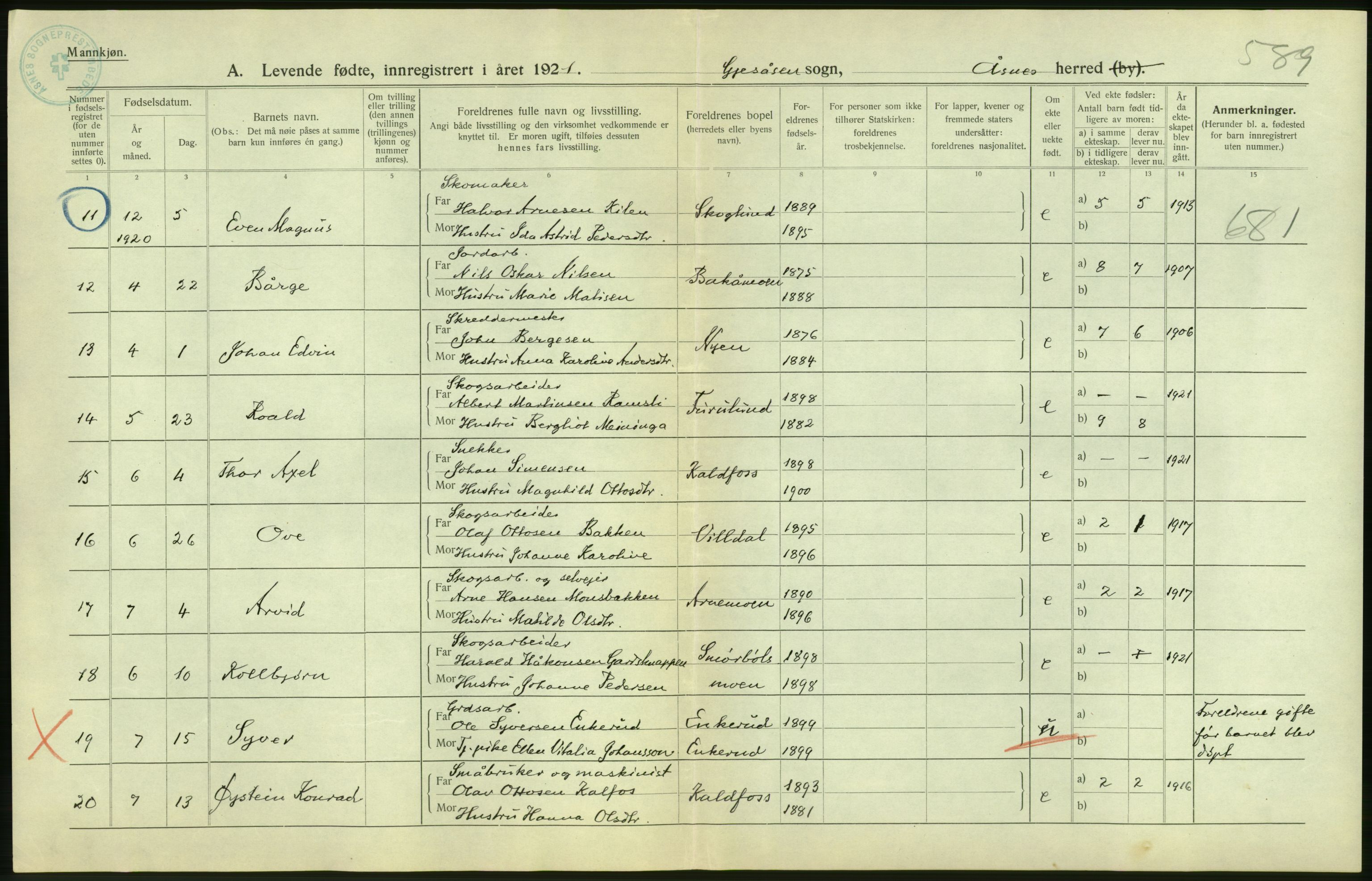 Statistisk sentralbyrå, Sosiodemografiske emner, Befolkning, RA/S-2228/D/Df/Dfc/Dfca/L0014: Hedemark fylke: Levendefødte menn og kvinner. Bygder., 1921, p. 14