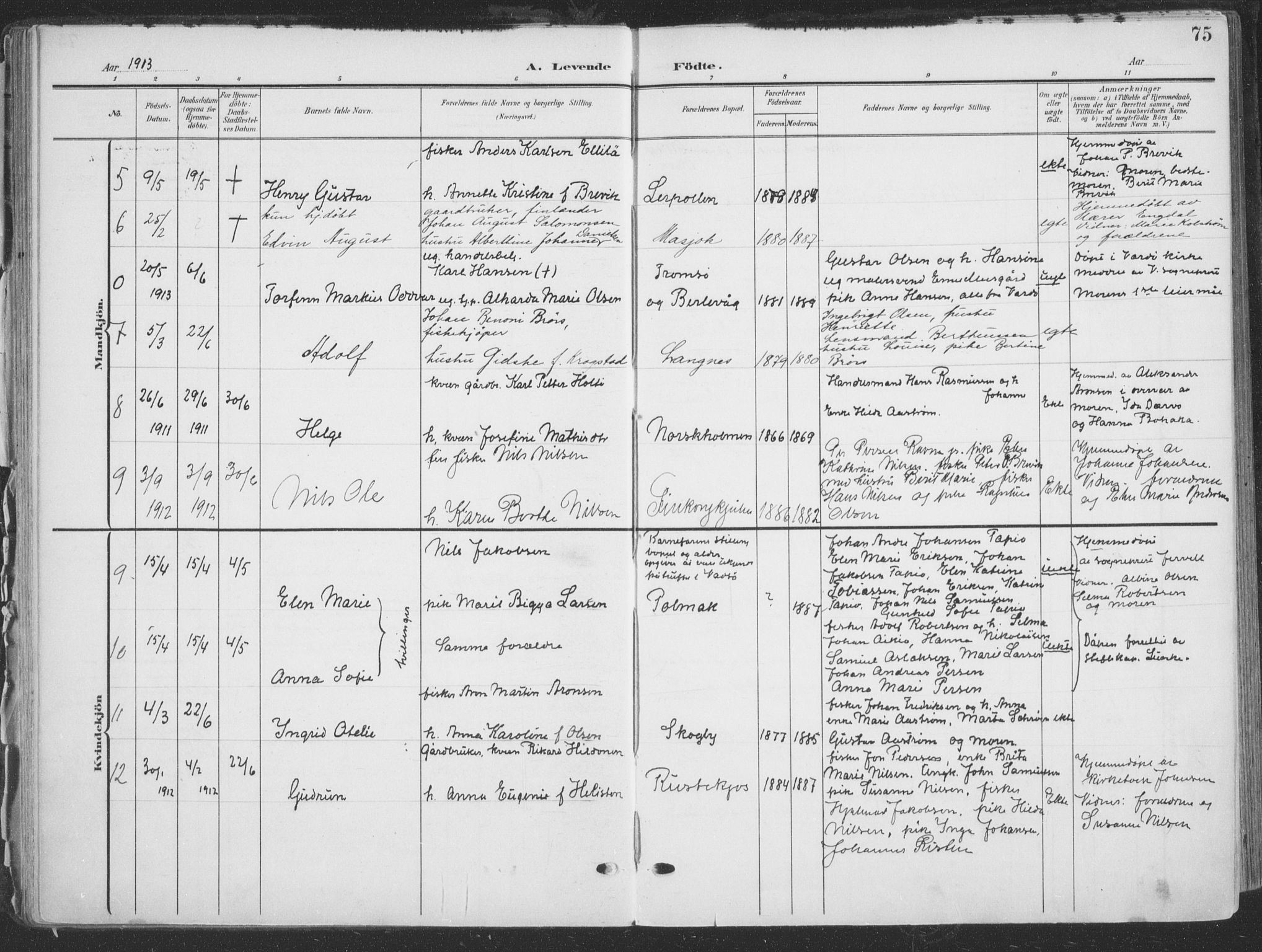 Tana sokneprestkontor, AV/SATØ-S-1334/H/Ha/L0007kirke: Parish register (official) no. 7, 1904-1918, p. 75