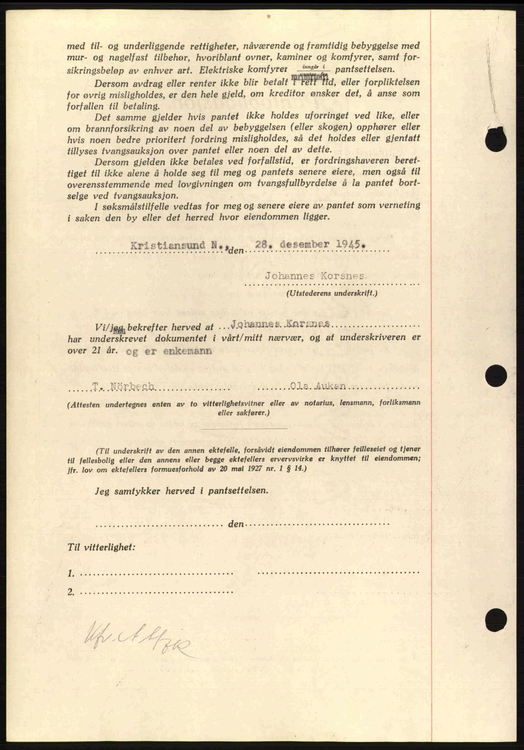 Nordmøre sorenskriveri, AV/SAT-A-4132/1/2/2Ca: Mortgage book no. B93a, 1945-1945, Diary no: : 1850/1945