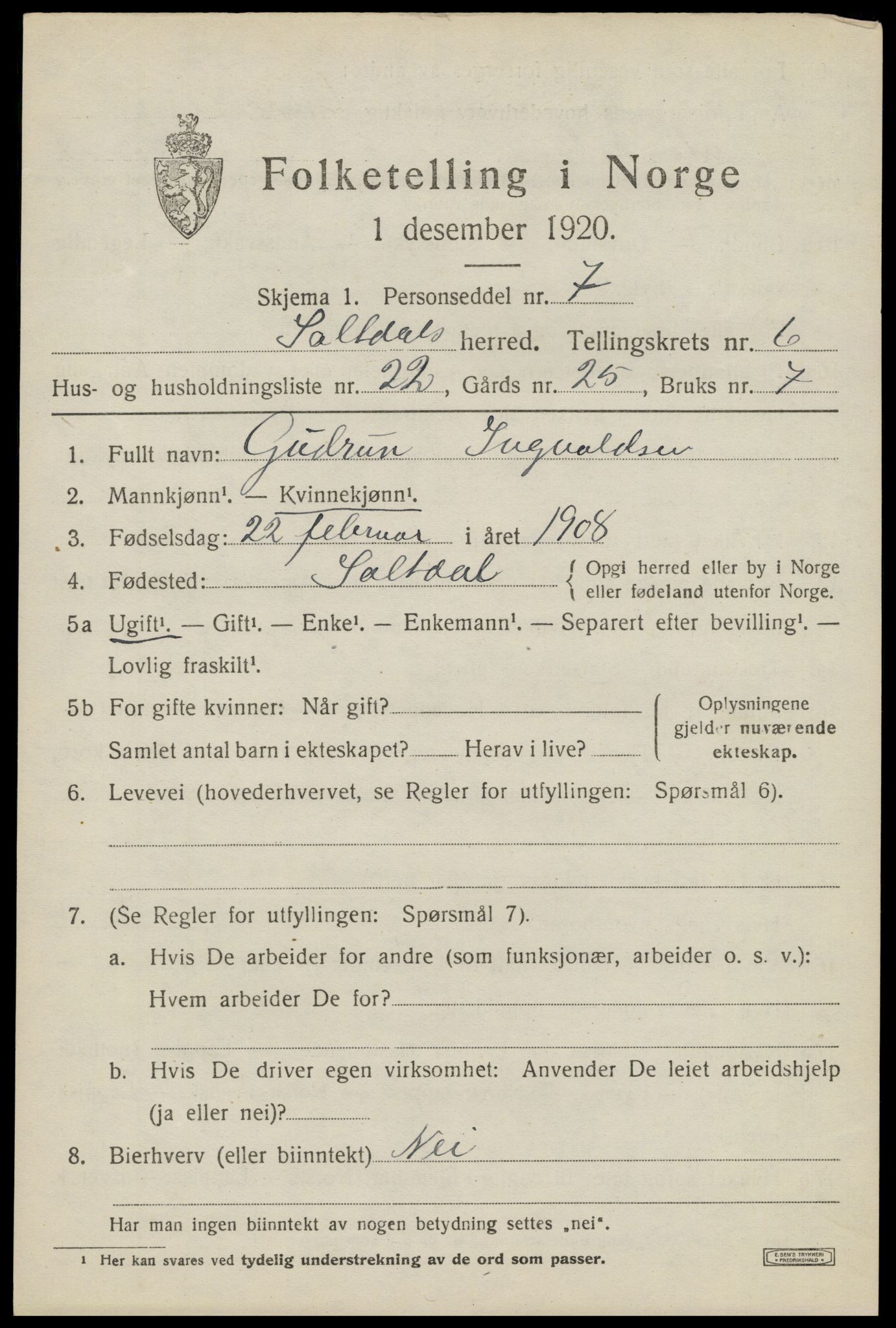 SAT, 1920 census for Saltdal, 1920, p. 7621