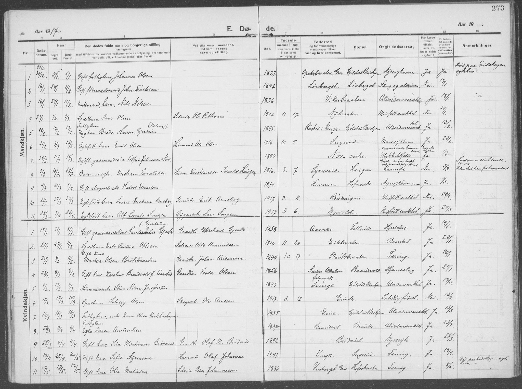 Brandval prestekontor, SAH/PREST-034/H/Ha/Haa/L0004: Parish register (official) no. 4, 1910-1924, p. 273