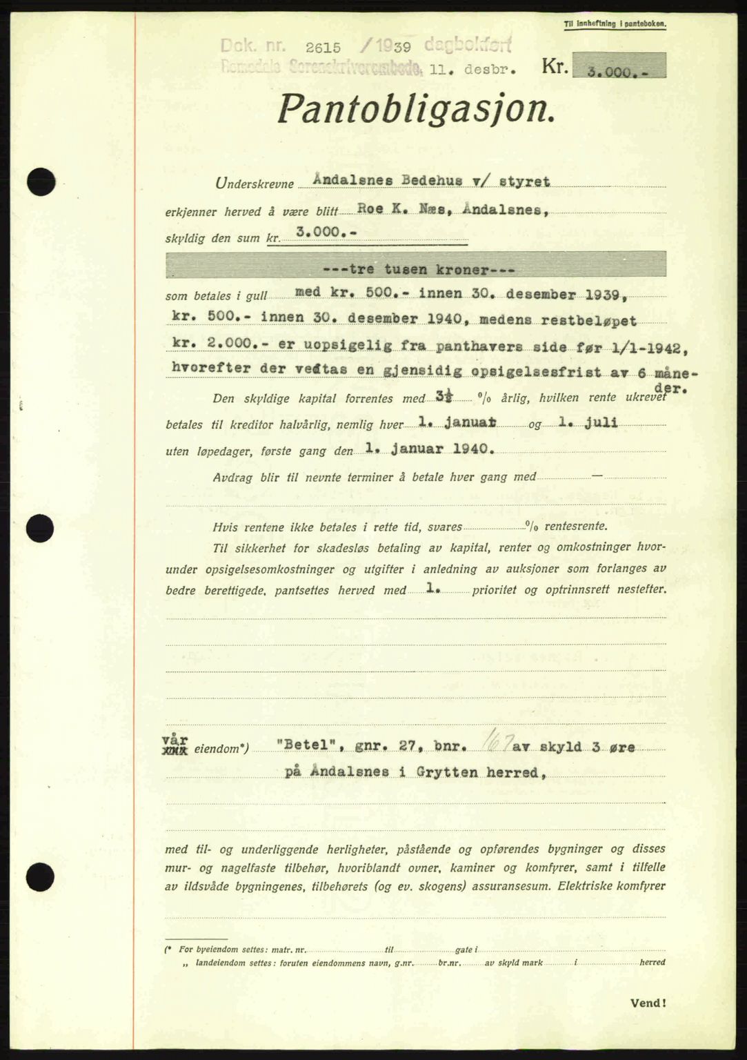 Romsdal sorenskriveri, AV/SAT-A-4149/1/2/2C: Mortgage book no. B2, 1939-1945, Diary no: : 2615/1939