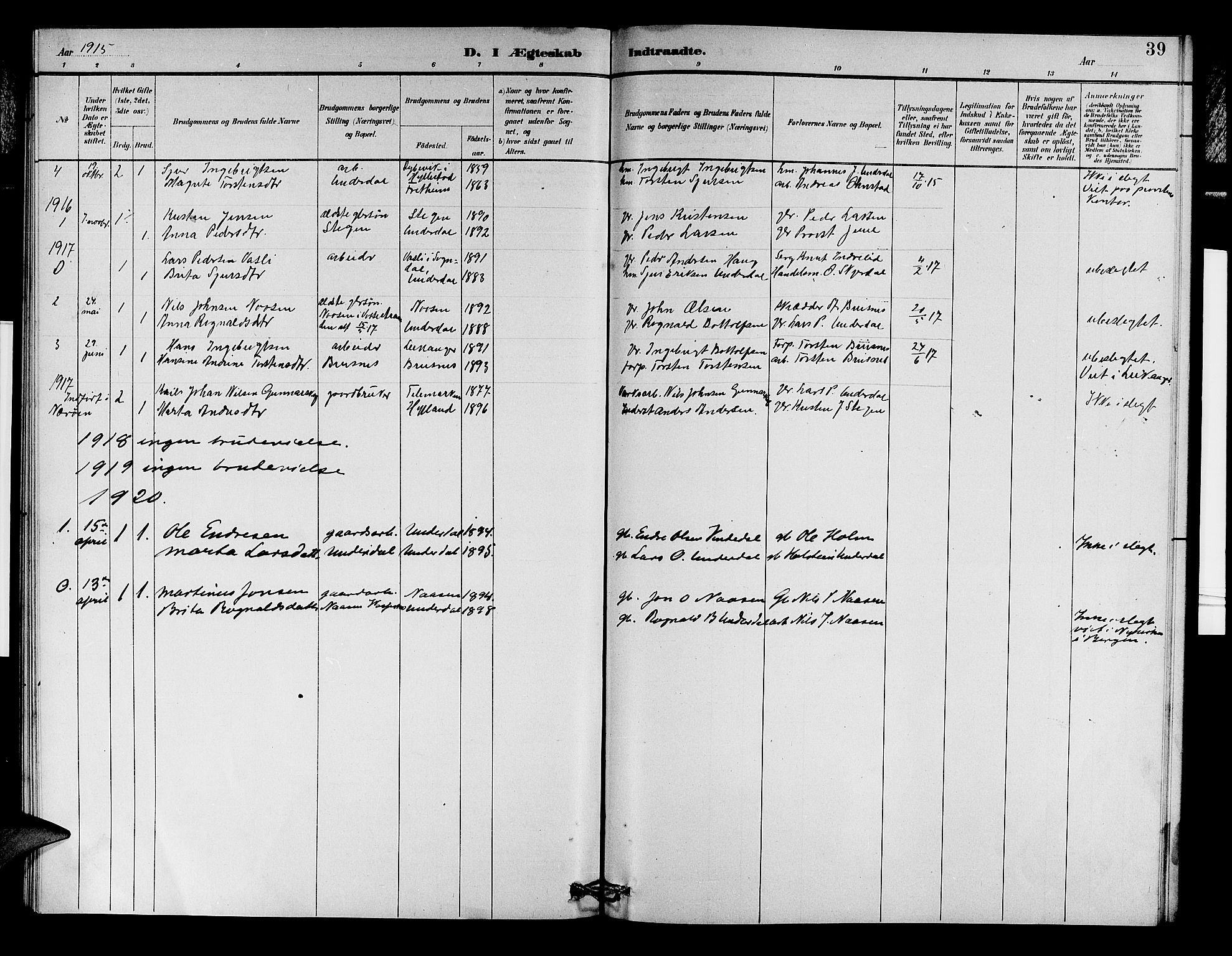 Aurland sokneprestembete, SAB/A-99937/H/Hb/Hbd/L0002: Parish register (copy) no. D 2, 1883-1920, p. 39