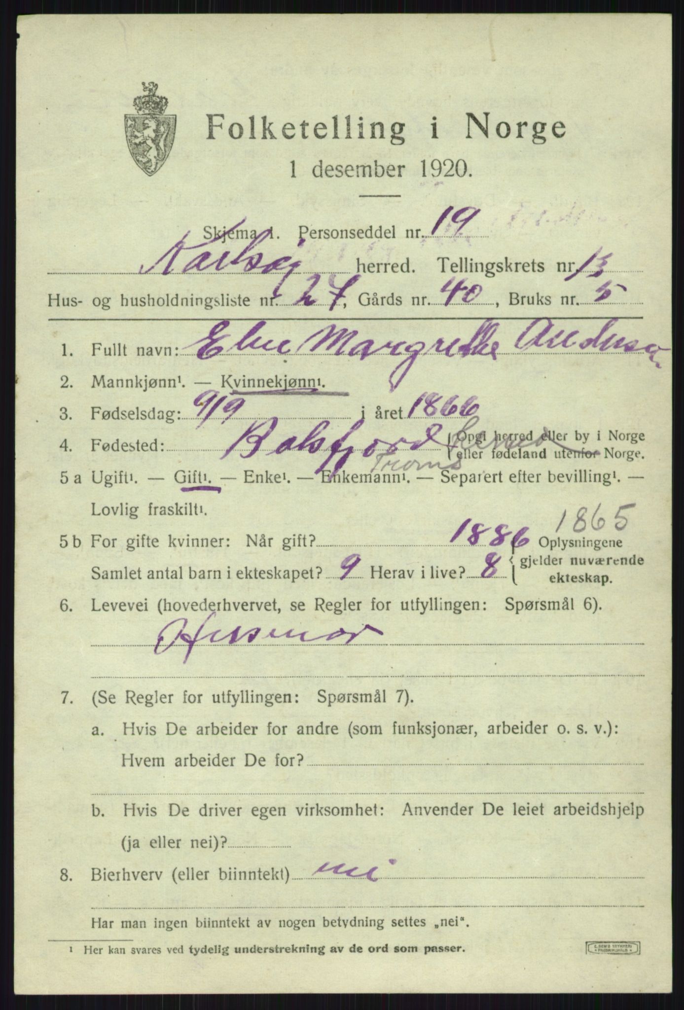 SATØ, 1920 census for Karlsøy, 1920, p. 5038