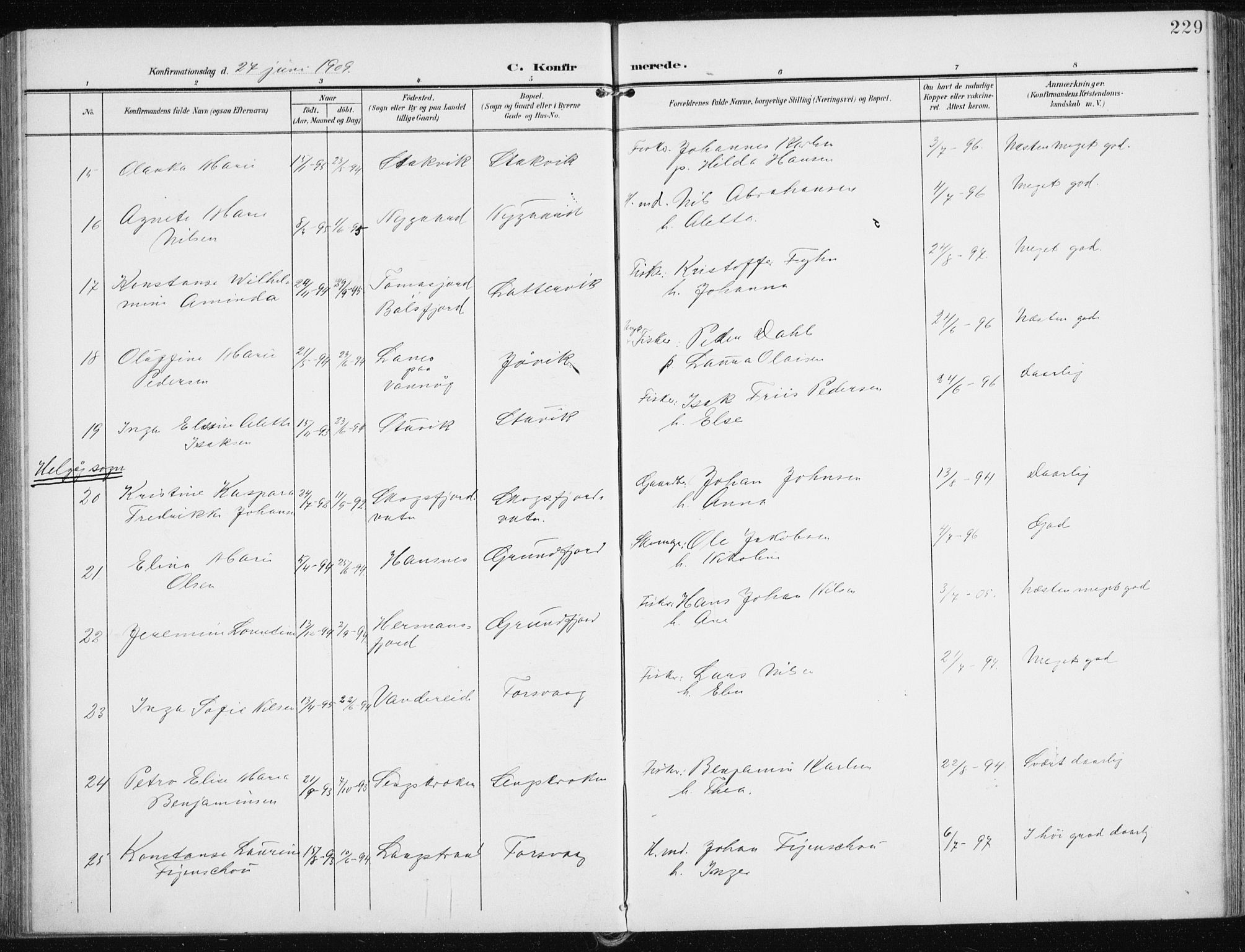 Karlsøy sokneprestembete, SATØ/S-1299/H/Ha/Haa/L0014kirke: Parish register (official) no. 14, 1903-1917, p. 229