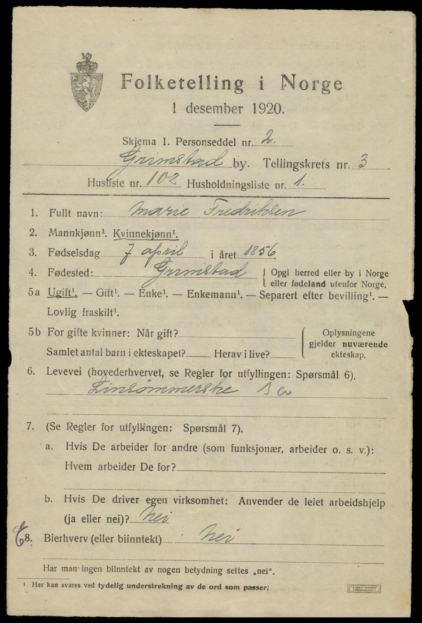 SAK, 1920 census for Grimstad, 1920, p. 5437