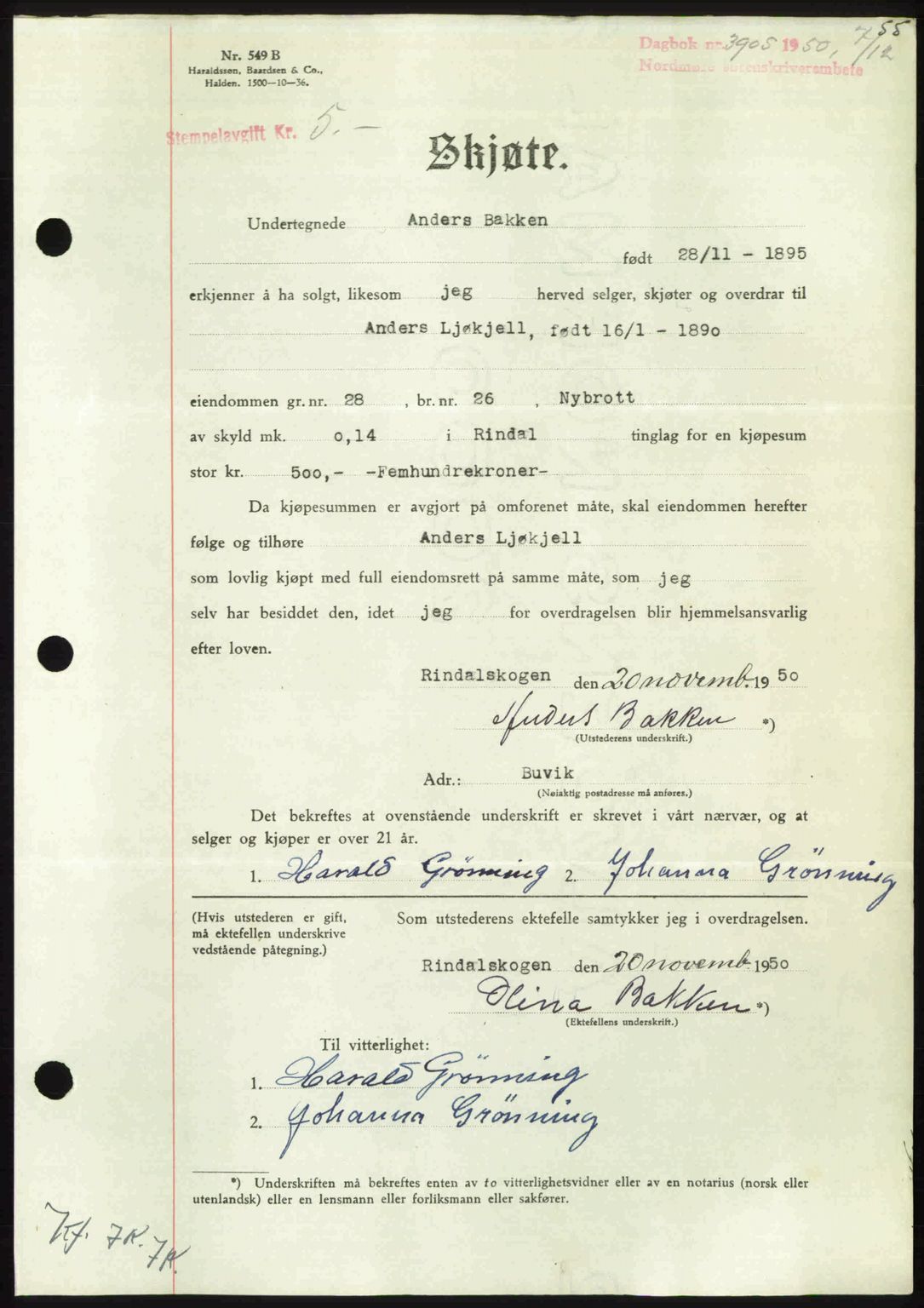 Nordmøre sorenskriveri, AV/SAT-A-4132/1/2/2Ca: Mortgage book no. A117, 1950-1950, Diary no: : 3905/1950