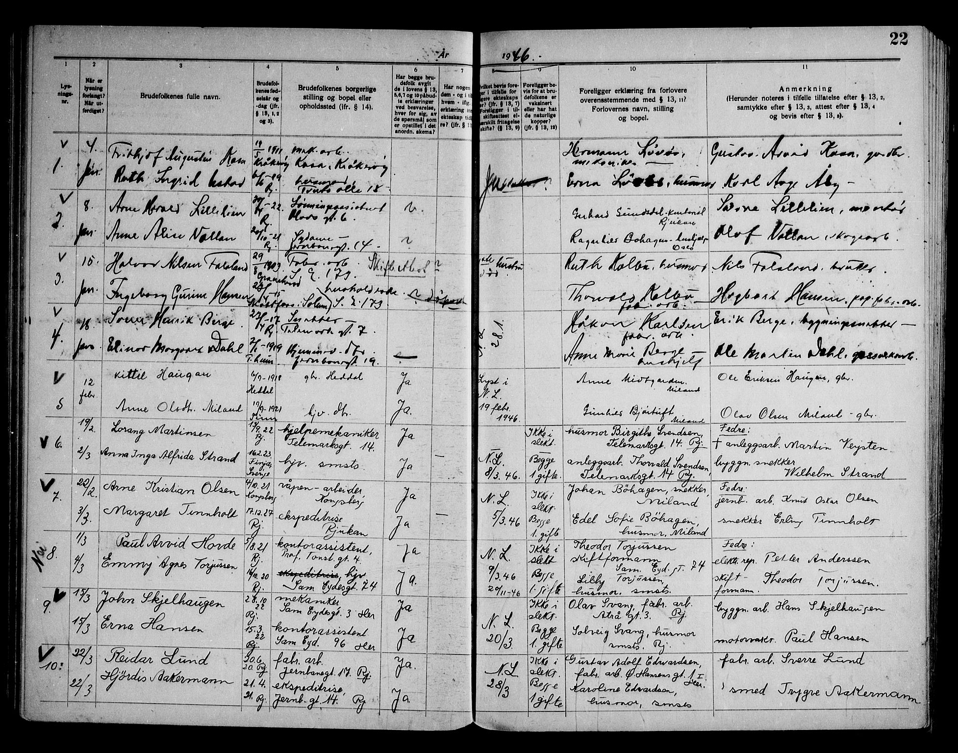 Rjukan kirkebøker, SAKO/A-294/H/Ha/L0001: Banns register no. 1, 1939-1959, p. 22