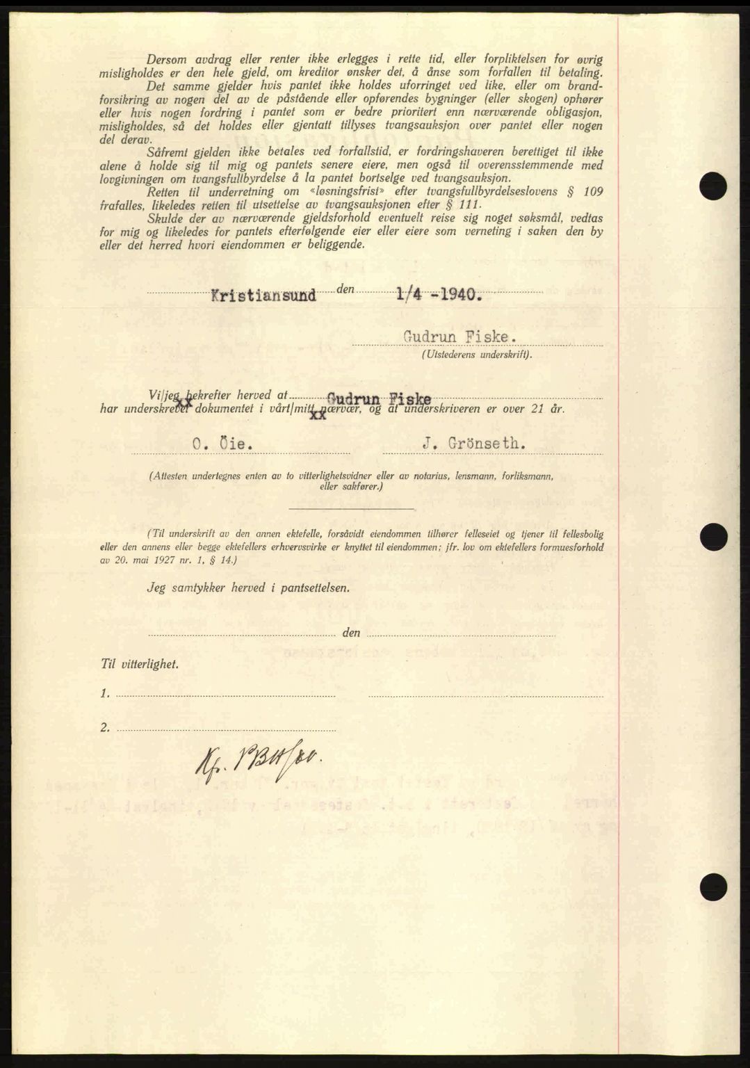 Nordmøre sorenskriveri, AV/SAT-A-4132/1/2/2Ca: Mortgage book no. B87, 1940-1941, Diary no: : 908/1940