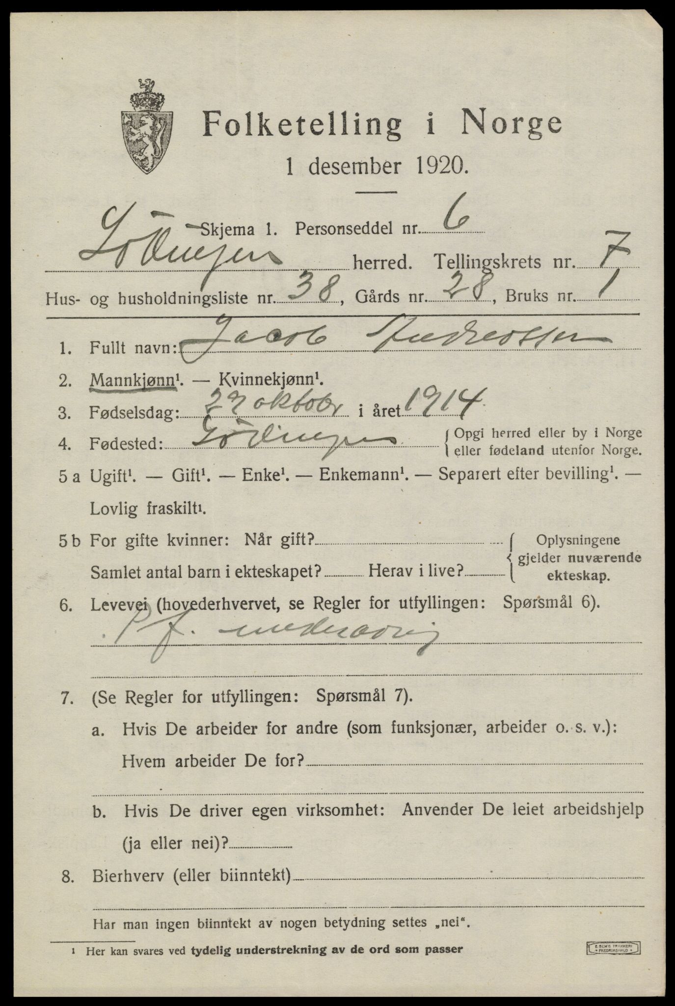 SAT, 1920 census for Lødingen, 1920, p. 4565