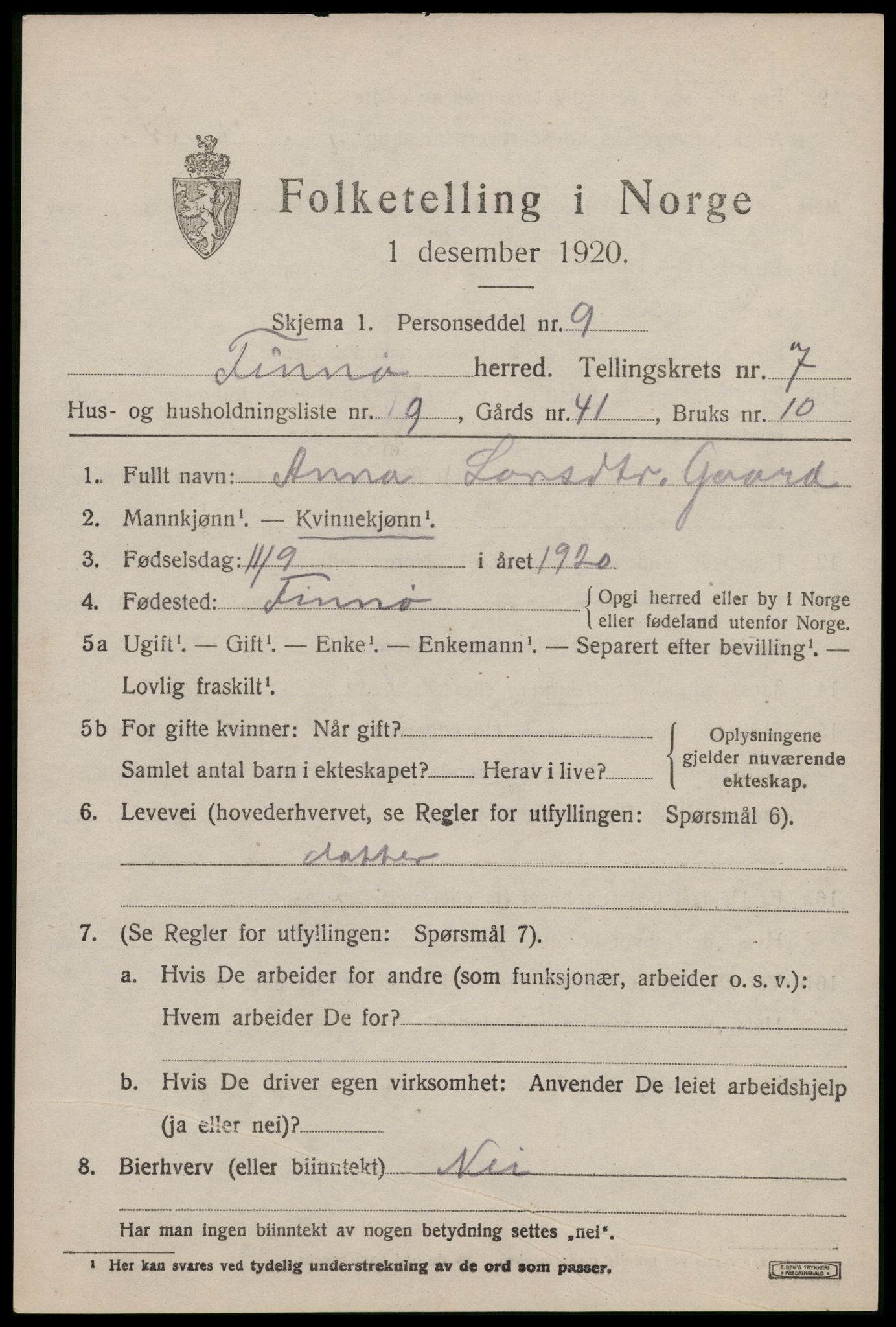 SAST, 1920 census for Finnøy, 1920, p. 3650