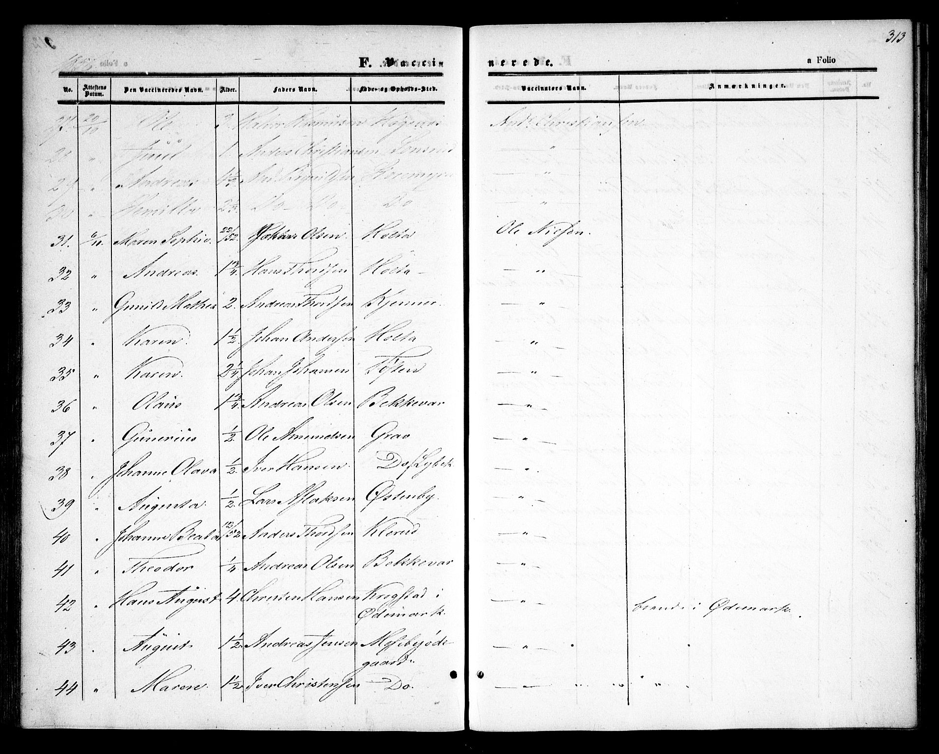 Rødenes prestekontor Kirkebøker, AV/SAO-A-2005/F/Fa/L0006: Parish register (official) no. I 6, 1850-1859, p. 313