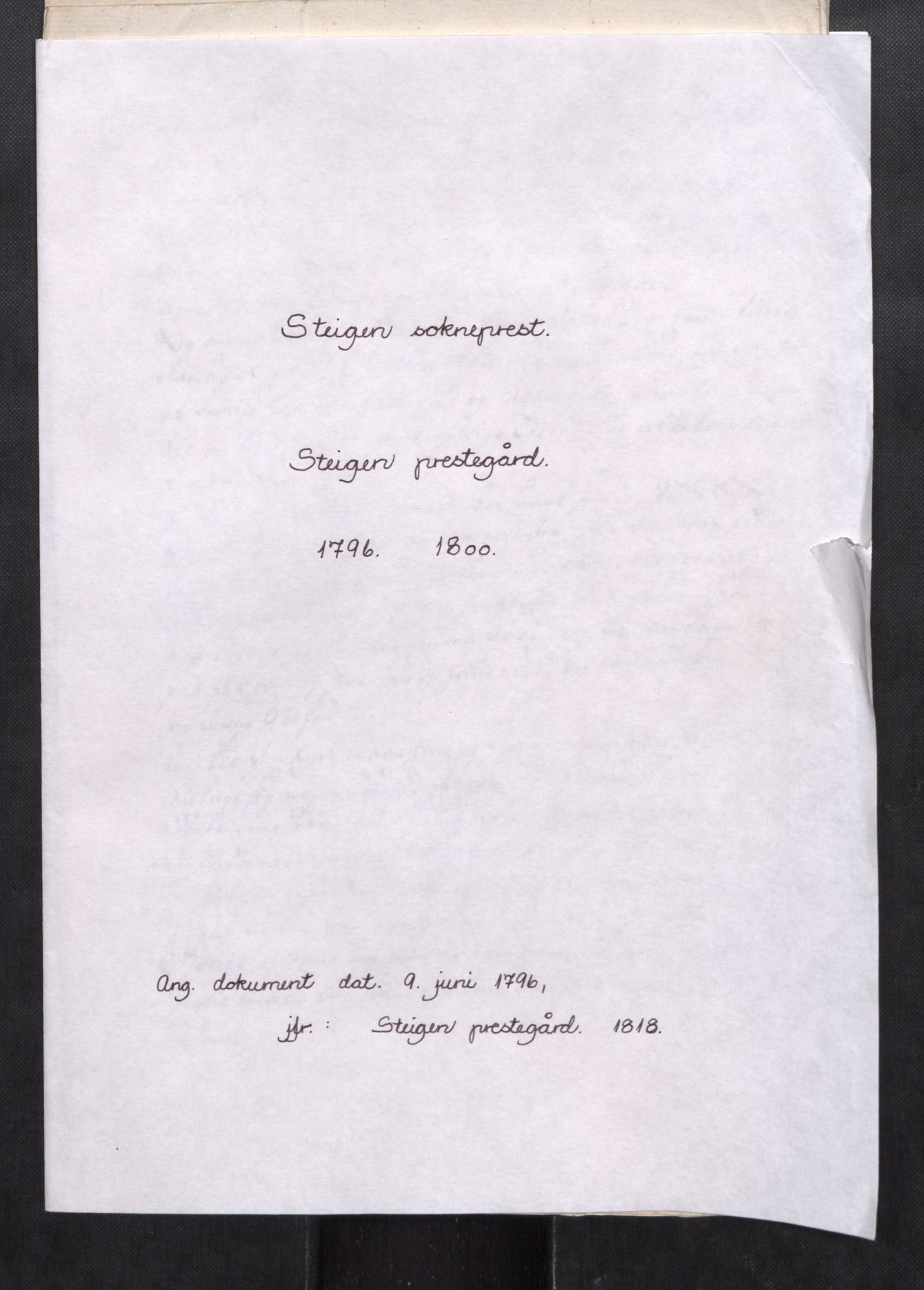Steigen sokneprestkontor, SAT/A-1211/G/L0001: Steigen prestegård, 1796-1900, p. 1